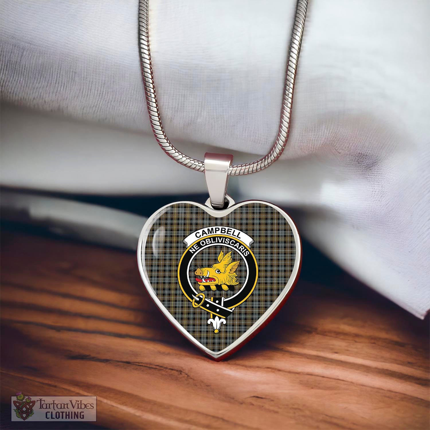 Tartan Vibes Clothing Campbell Argyll Weathered Tartan Heart Necklace with Family Crest