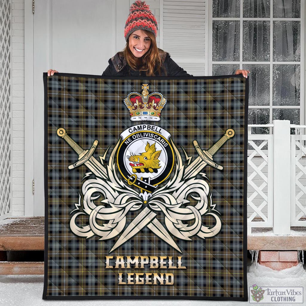 Tartan Vibes Clothing Campbell Argyll Weathered Tartan Quilt with Clan Crest and the Golden Sword of Courageous Legacy