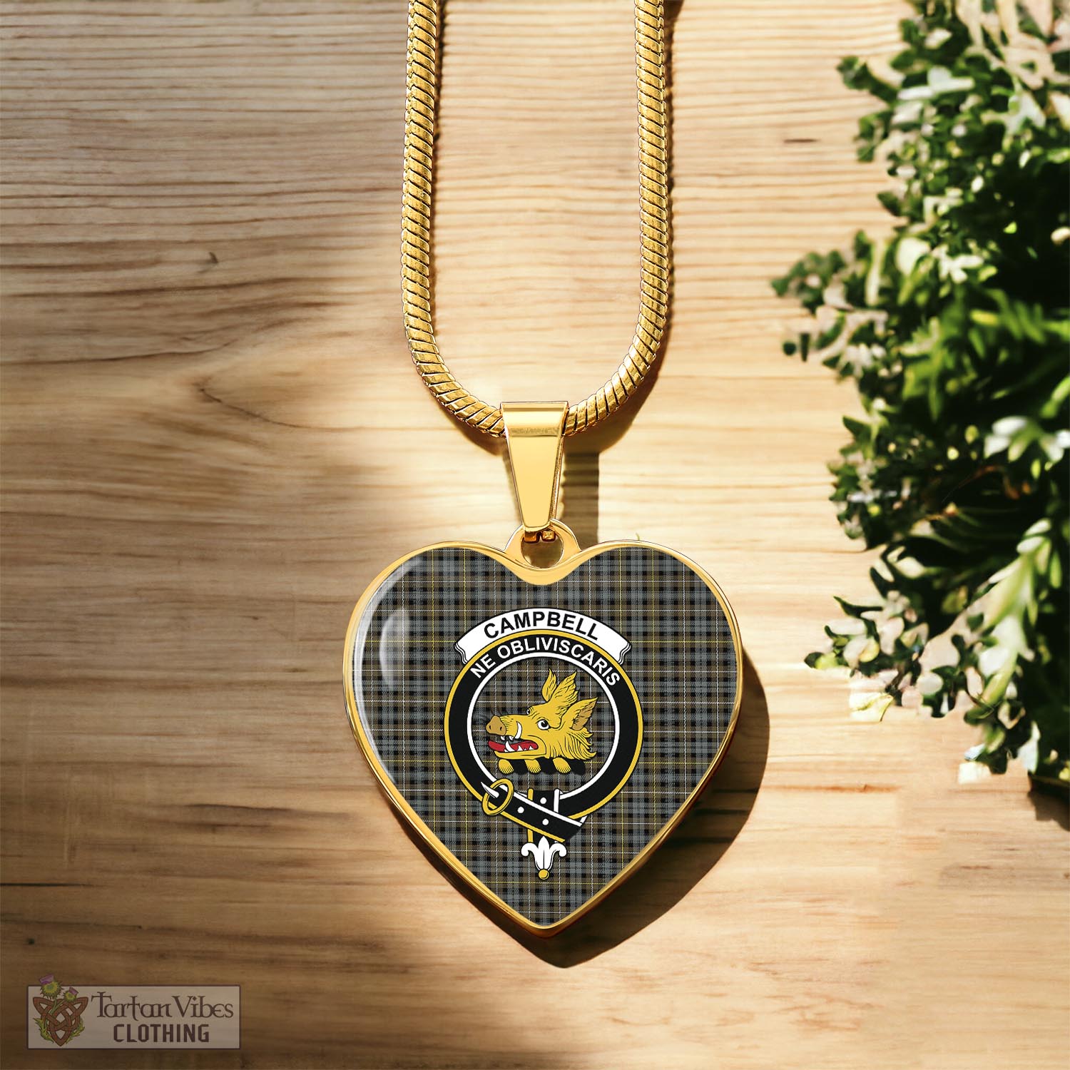 Tartan Vibes Clothing Campbell Argyll Weathered Tartan Heart Necklace with Family Crest