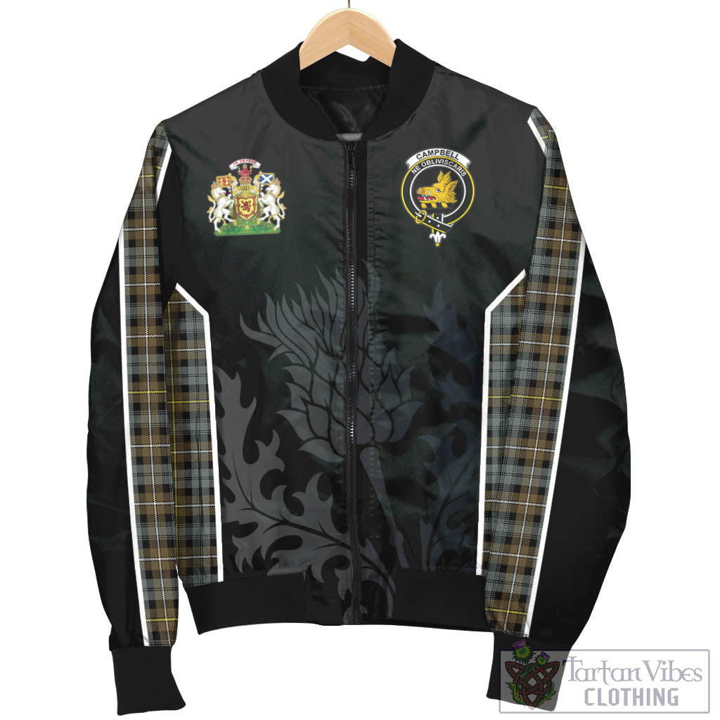 Tartan Vibes Clothing Campbell Argyll Weathered Tartan Bomber Jacket with Family Crest and Scottish Thistle Vibes Sport Style