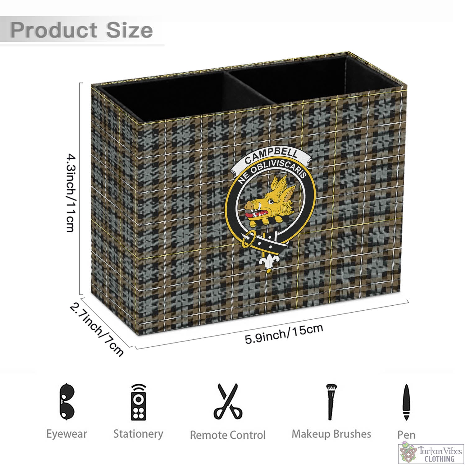 Tartan Vibes Clothing Campbell Argyll Weathered Tartan Pen Holder with Family Crest