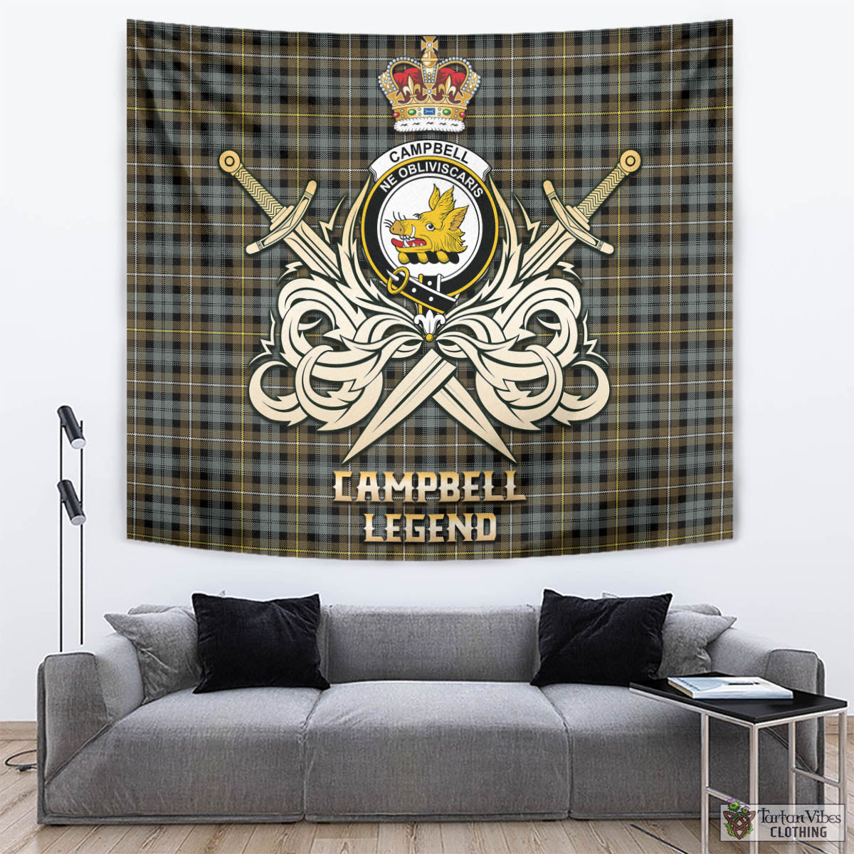 Tartan Vibes Clothing Campbell Argyll Weathered Tartan Tapestry with Clan Crest and the Golden Sword of Courageous Legacy