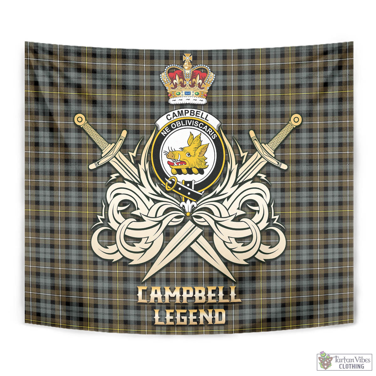 Tartan Vibes Clothing Campbell Argyll Weathered Tartan Tapestry with Clan Crest and the Golden Sword of Courageous Legacy