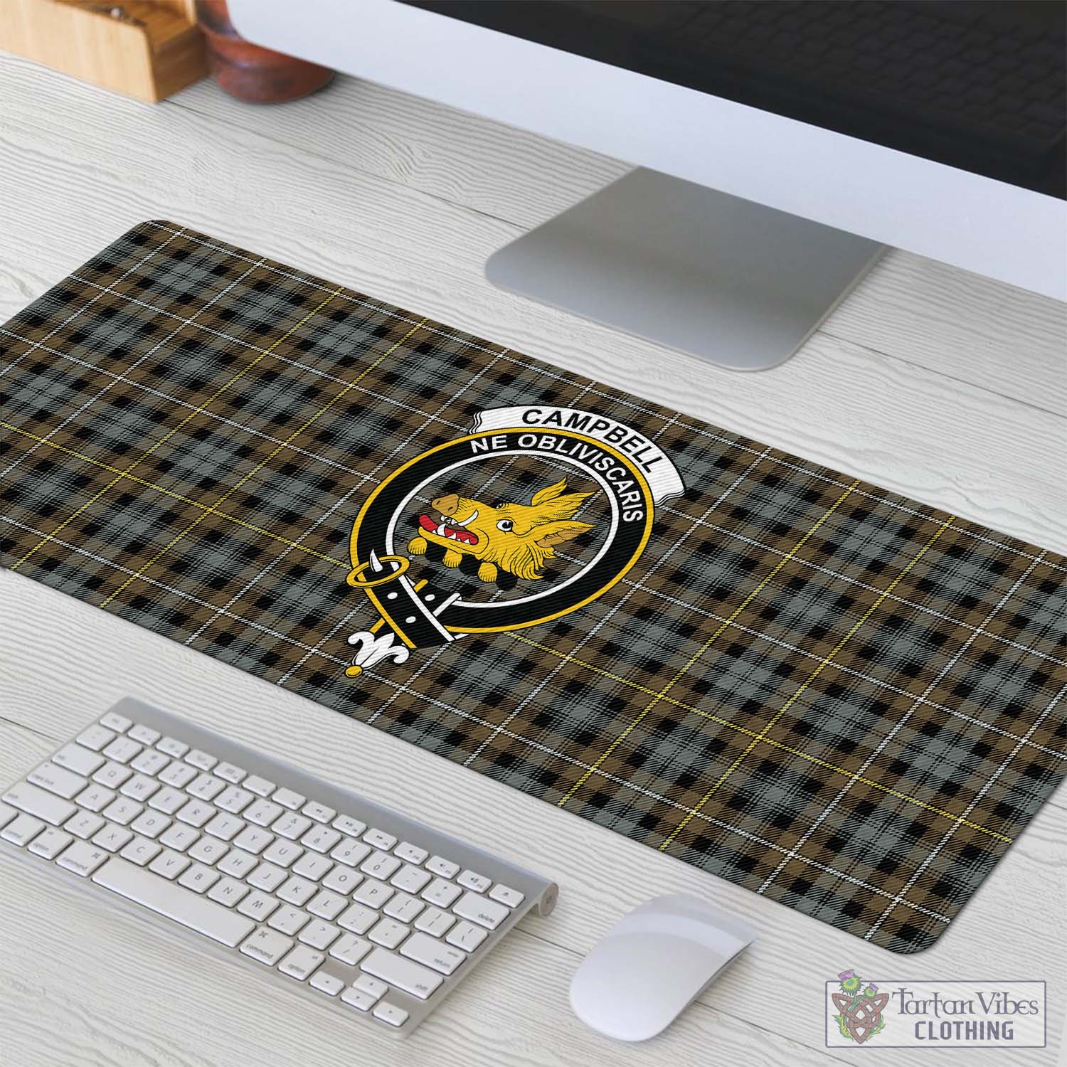 Tartan Vibes Clothing Campbell Argyll Weathered Tartan Mouse Pad with Family Crest