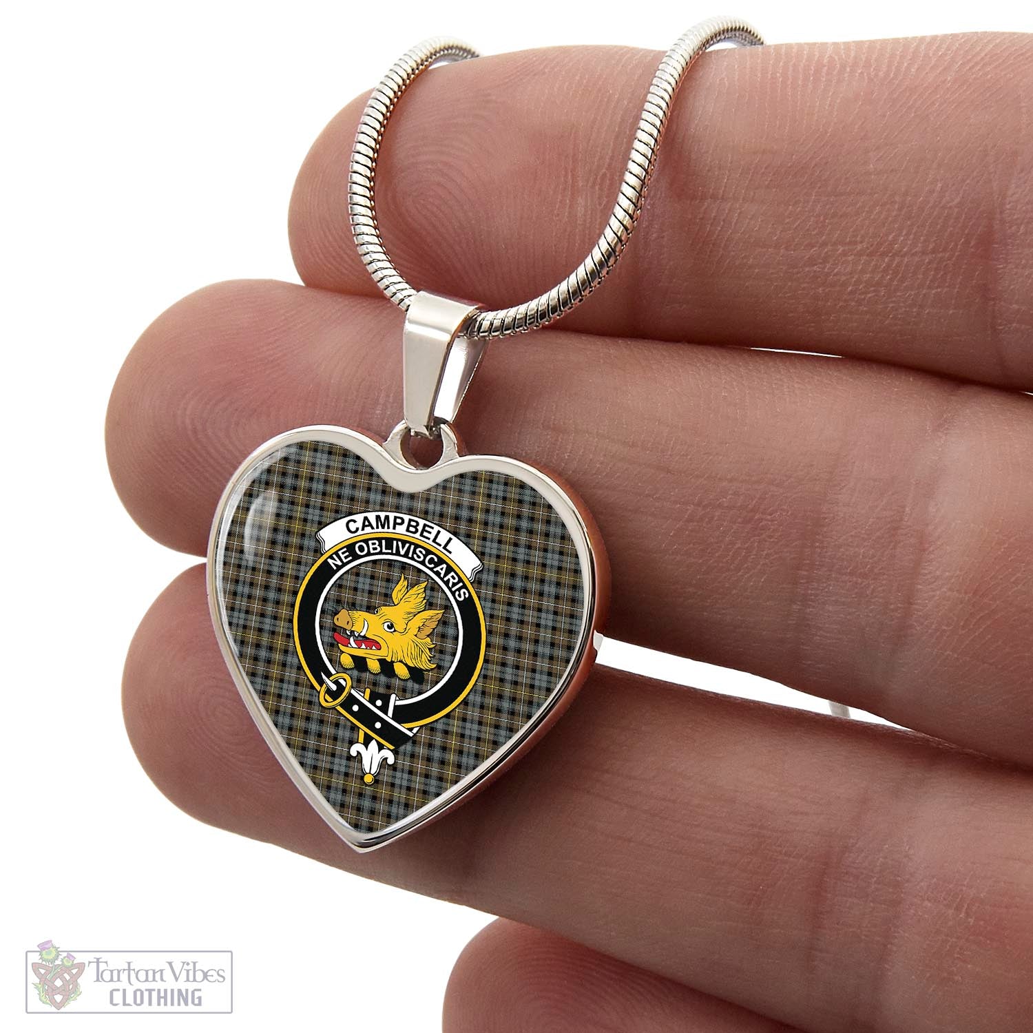 Tartan Vibes Clothing Campbell Argyll Weathered Tartan Heart Necklace with Family Crest