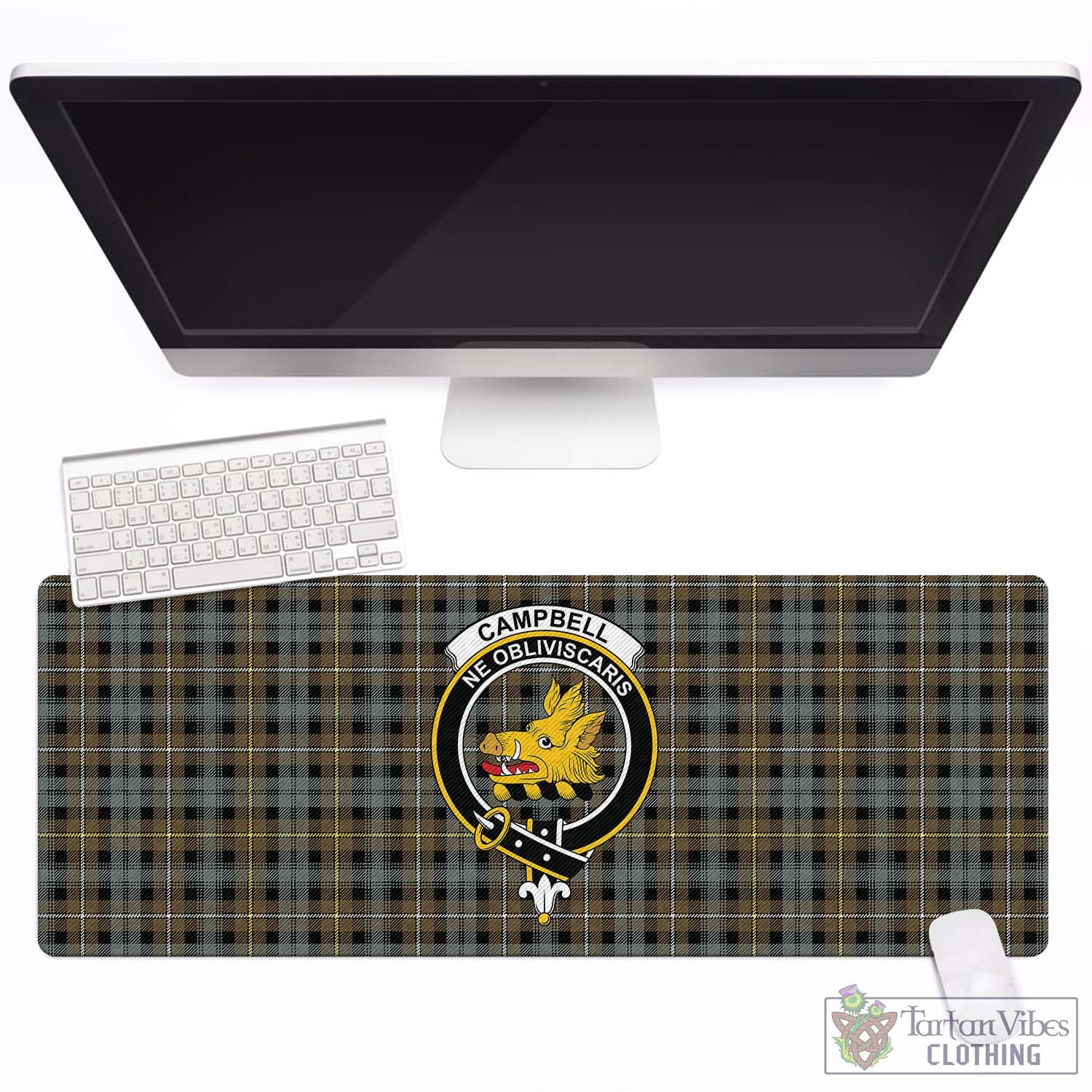 Tartan Vibes Clothing Campbell Argyll Weathered Tartan Mouse Pad with Family Crest