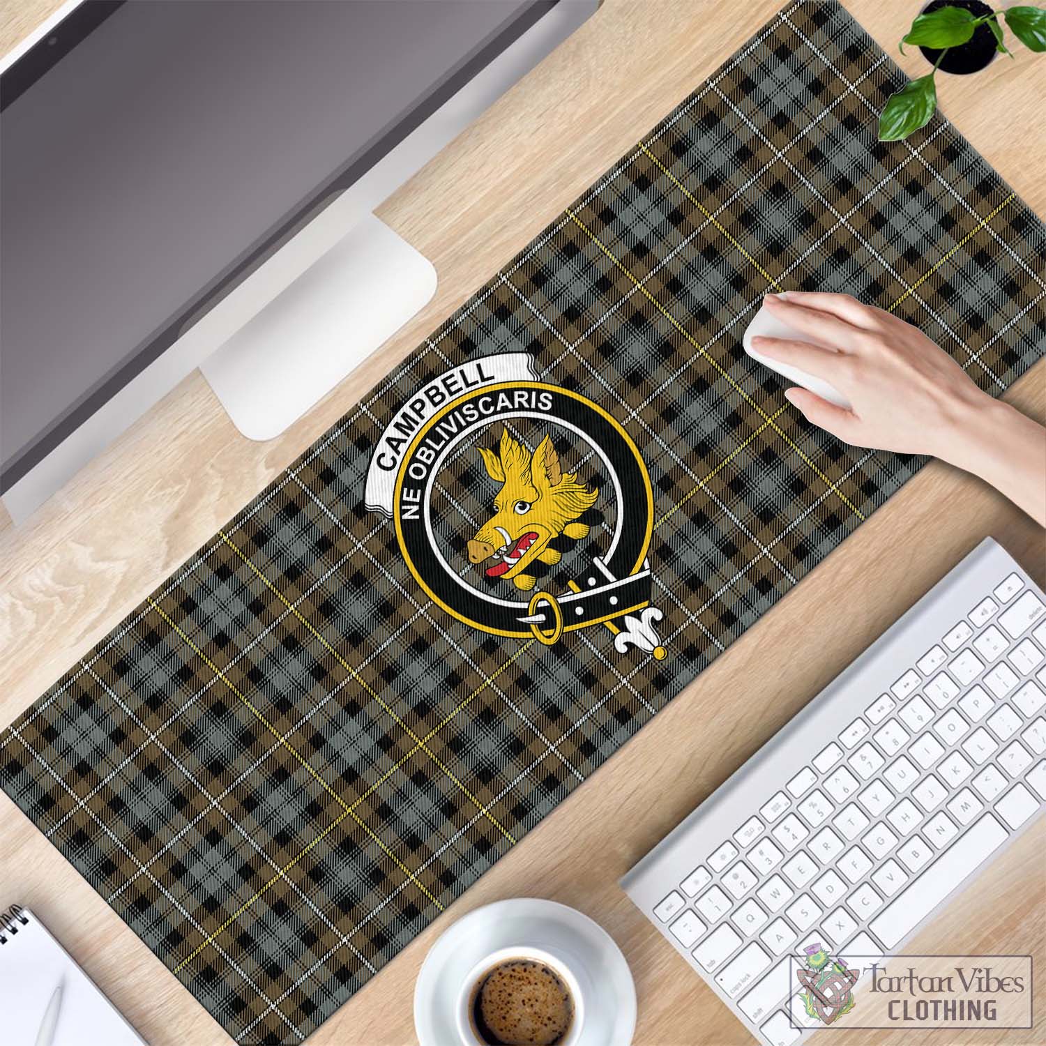 Tartan Vibes Clothing Campbell Argyll Weathered Tartan Mouse Pad with Family Crest