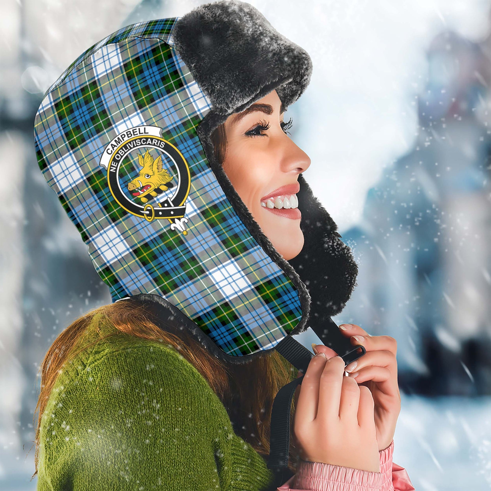 Campbell Dress Tartan Winter Trapper Hat with Family Crest Winter Trapper Hat Universal Fit Circumference 22.8in (58cm) - Tartanvibesclothing