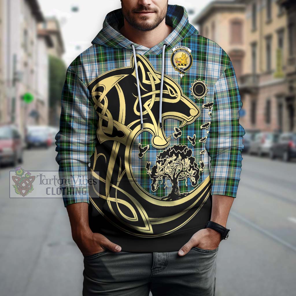 Tartan Vibes Clothing Campbell Dress Tartan Hoodie with Family Crest Celtic Wolf Style