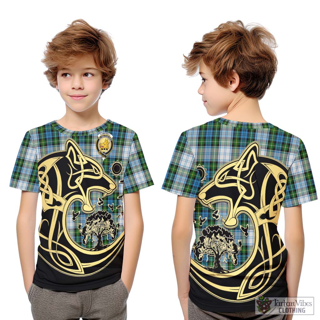 Tartan Vibes Clothing Campbell Dress Tartan Kid T-Shirt with Family Crest Celtic Wolf Style