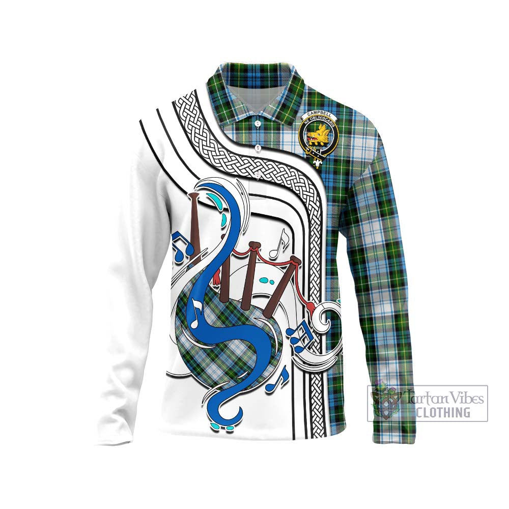 Tartan Vibes Clothing Campbell Dress Tartan Long Sleeve Polo Shirt with Epic Bagpipe Style