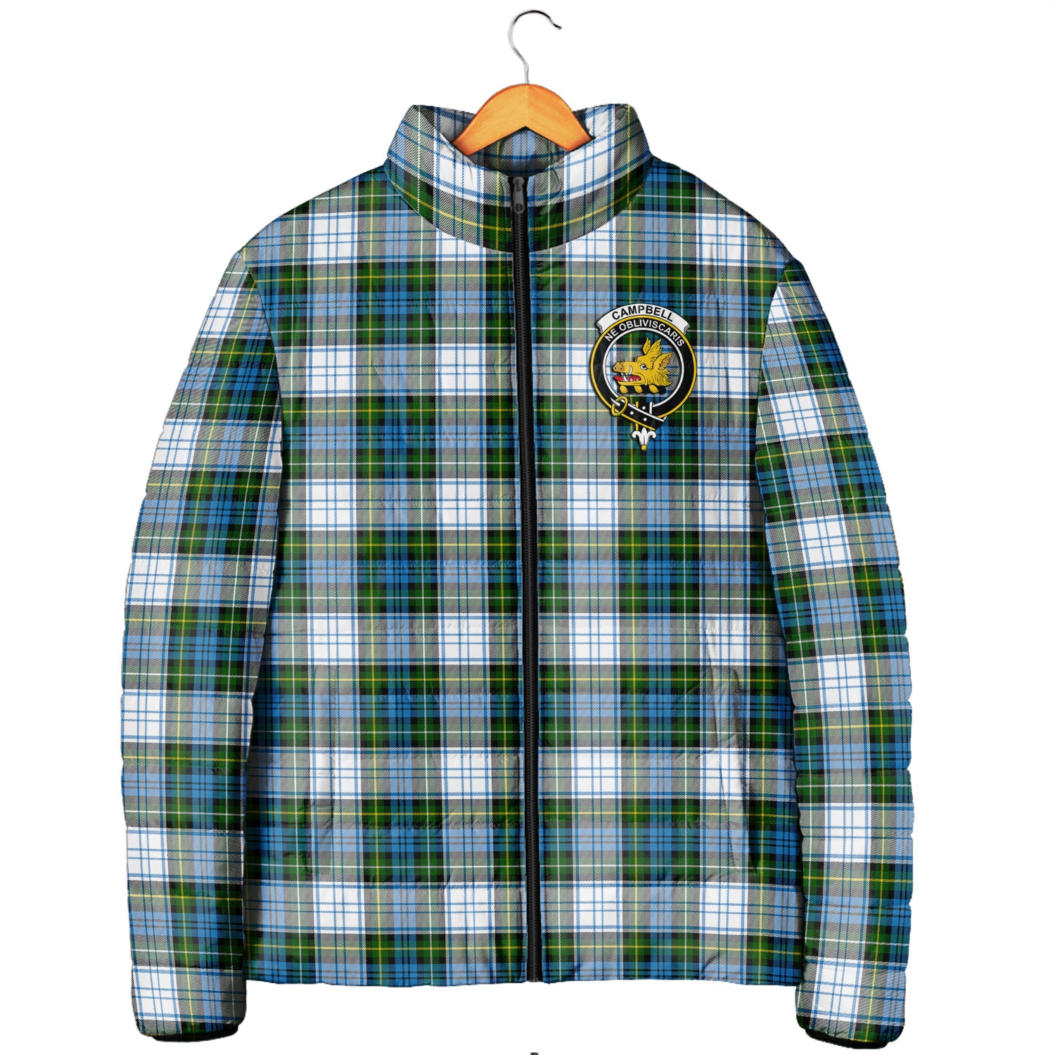 Campbell Dress Tartan Padded Jacket with Family Crest Men's Padded Jacket - Tartan Vibes Clothing