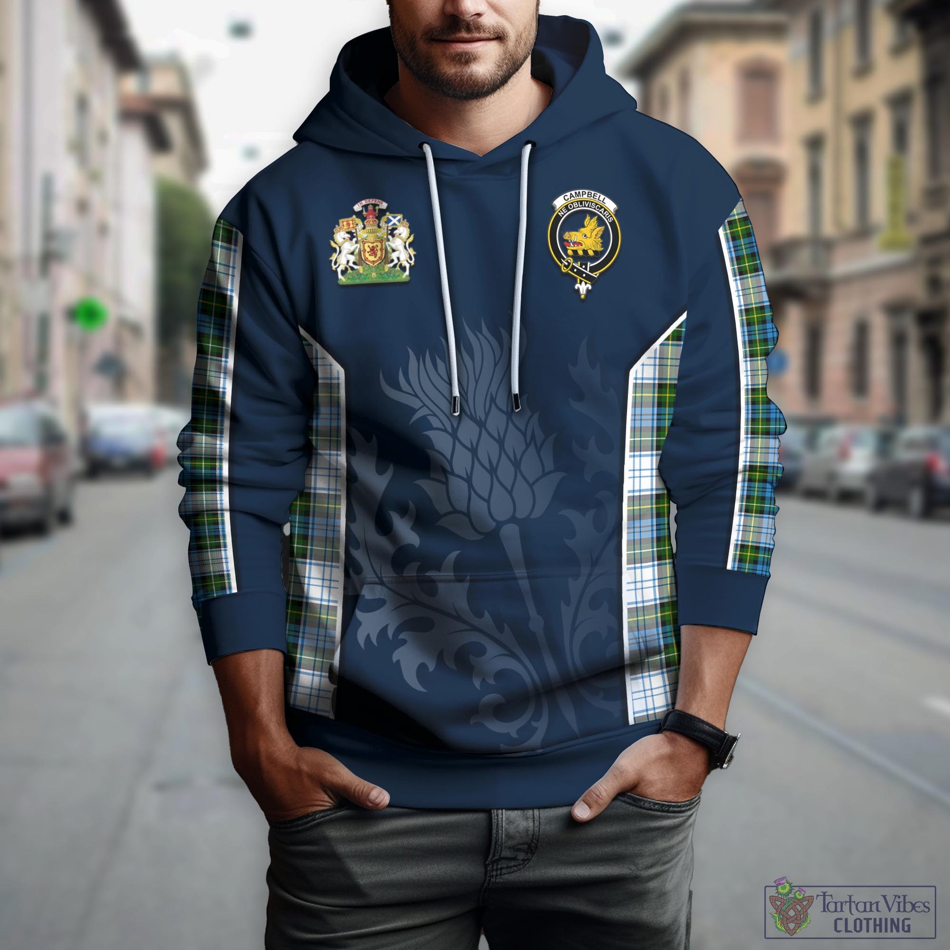 Tartan Vibes Clothing Campbell Dress Tartan Hoodie with Family Crest and Scottish Thistle Vibes Sport Style