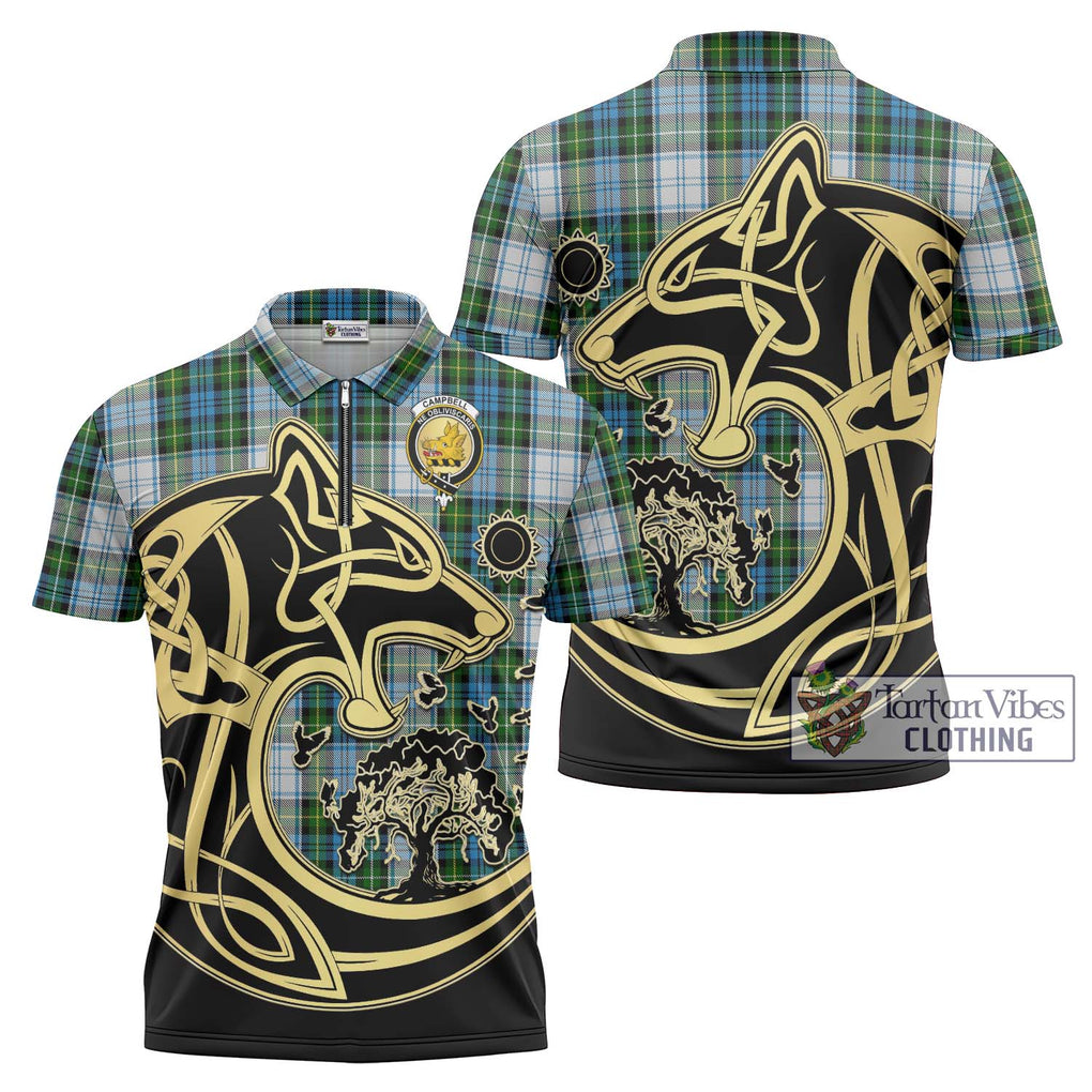 Campbell Dress Tartan Zipper Polo Shirt with Family Crest Celtic Wolf Style Unisex - Tartanvibesclothing Shop