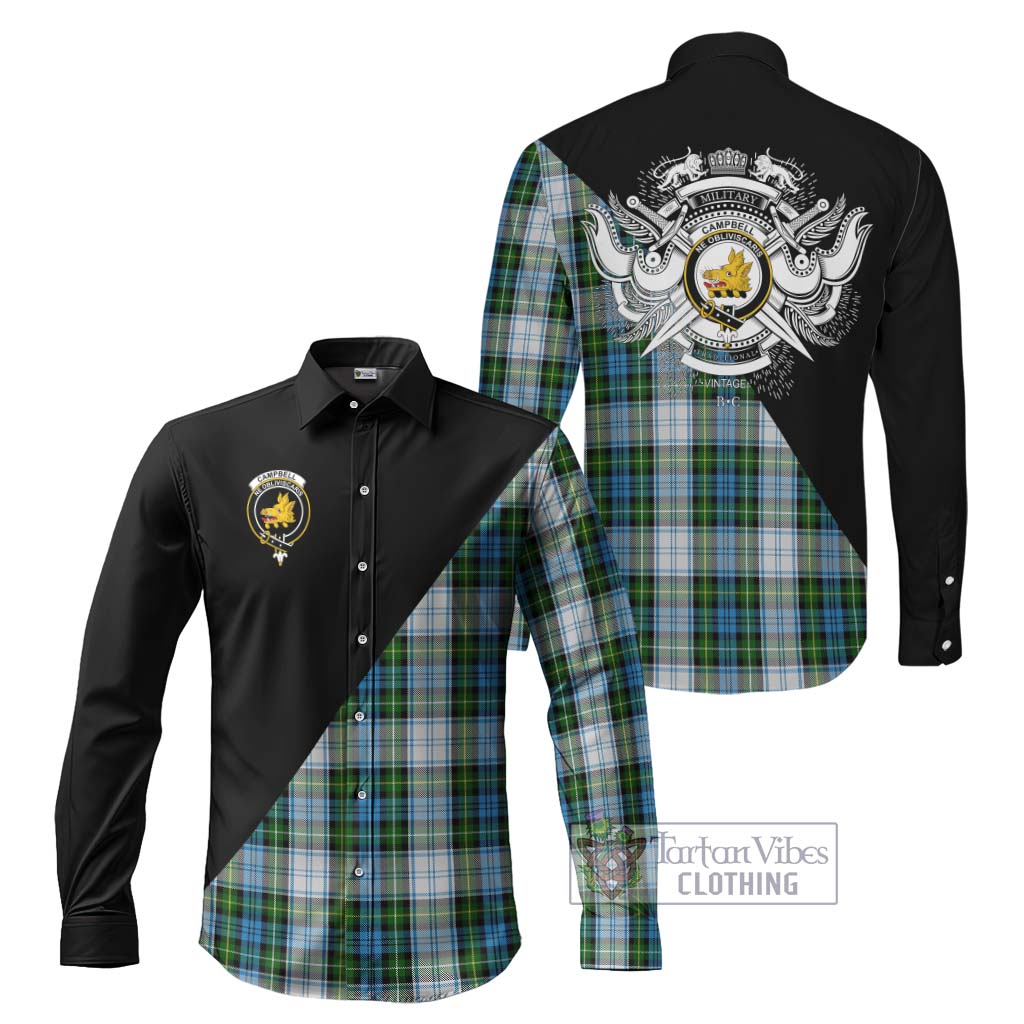 Tartan Vibes Clothing Campbell Dress Tartan Long Sleeve Button Shirt with Family Crest and Military Logo Style