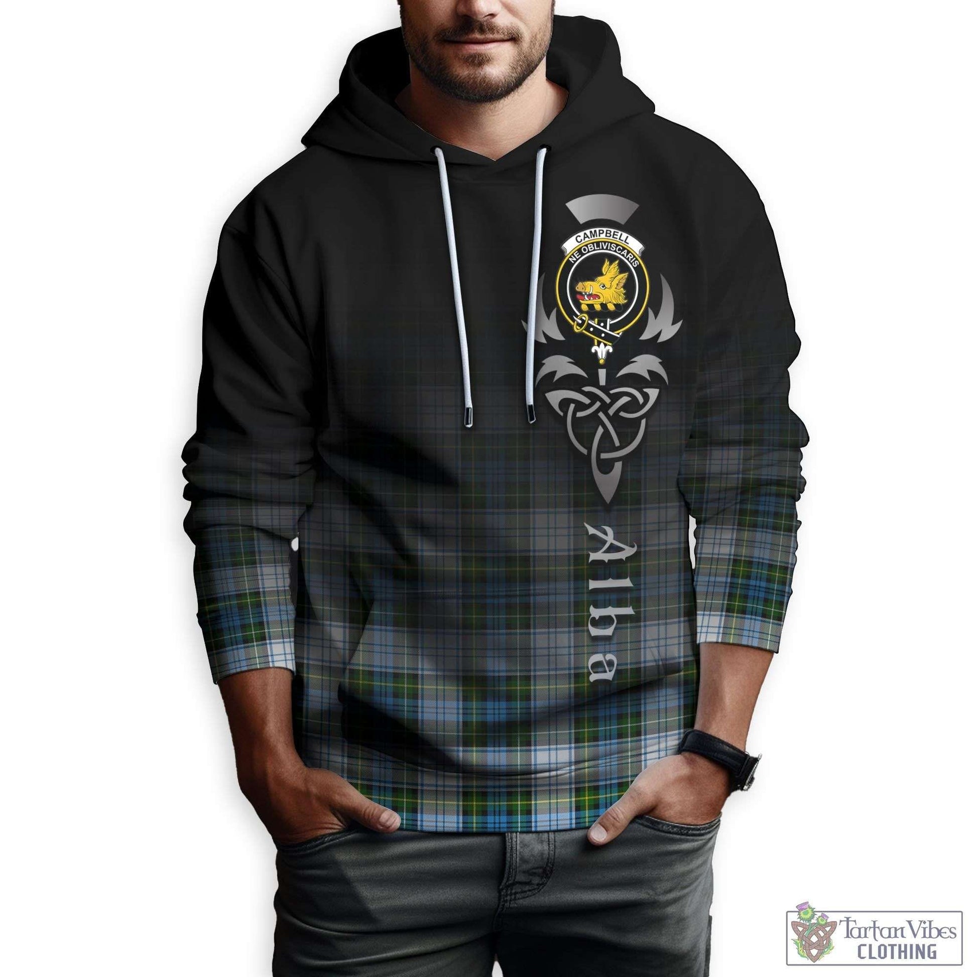 Tartan Vibes Clothing Campbell Dress Tartan Hoodie Featuring Alba Gu Brath Family Crest Celtic Inspired