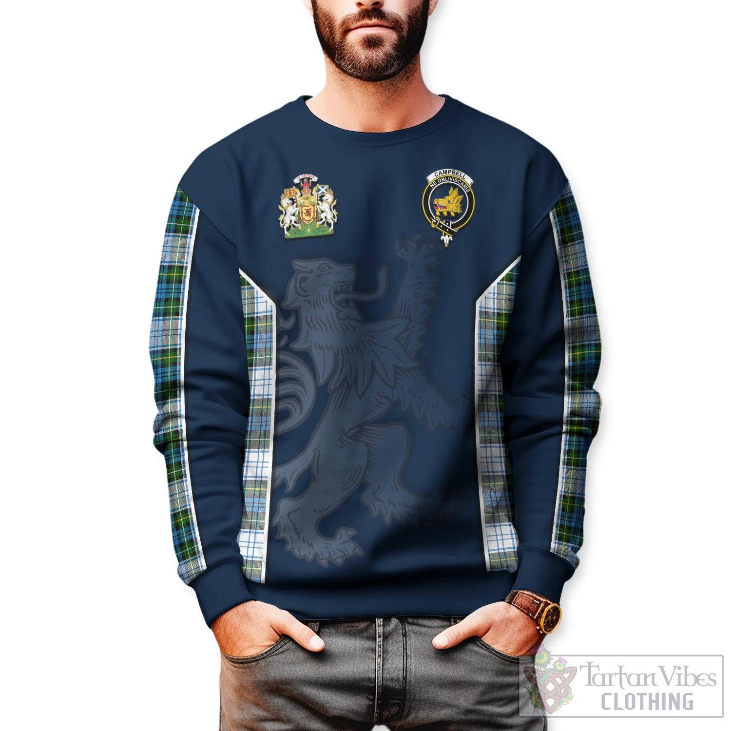 Tartan Vibes Clothing Campbell Dress Tartan Sweater with Family Crest and Lion Rampant Vibes Sport Style