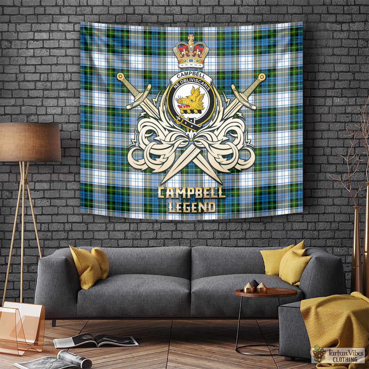 Tartan Vibes Clothing Campbell Dress Tartan Tapestry with Clan Crest and the Golden Sword of Courageous Legacy