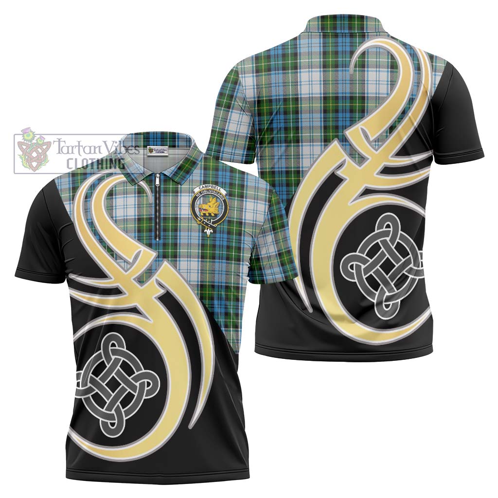 Tartan Vibes Clothing Campbell Dress Tartan Zipper Polo Shirt with Family Crest and Celtic Symbol Style