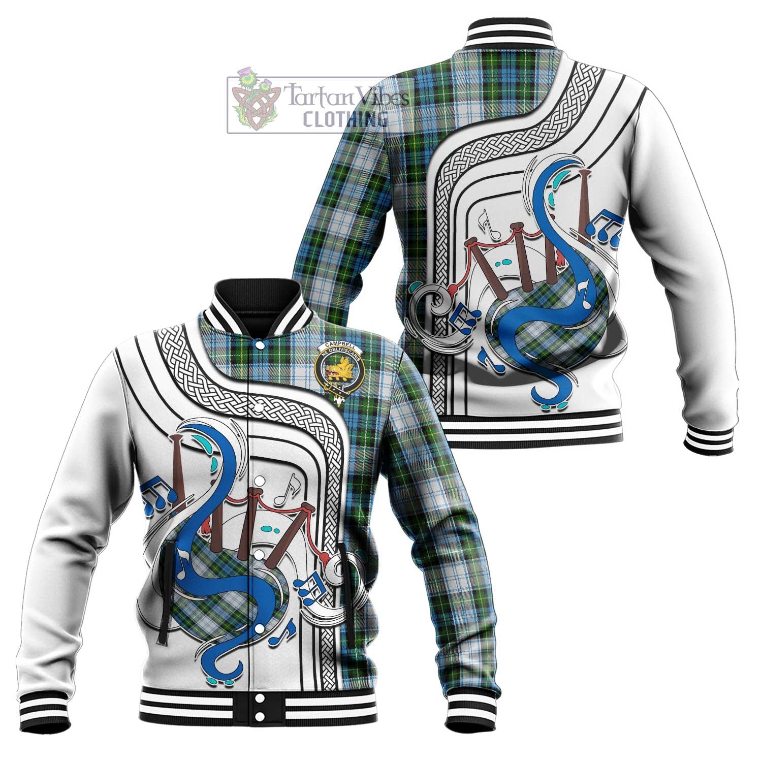 Tartan Vibes Clothing Campbell Dress Tartan Baseball Jacket with Epic Bagpipe Style