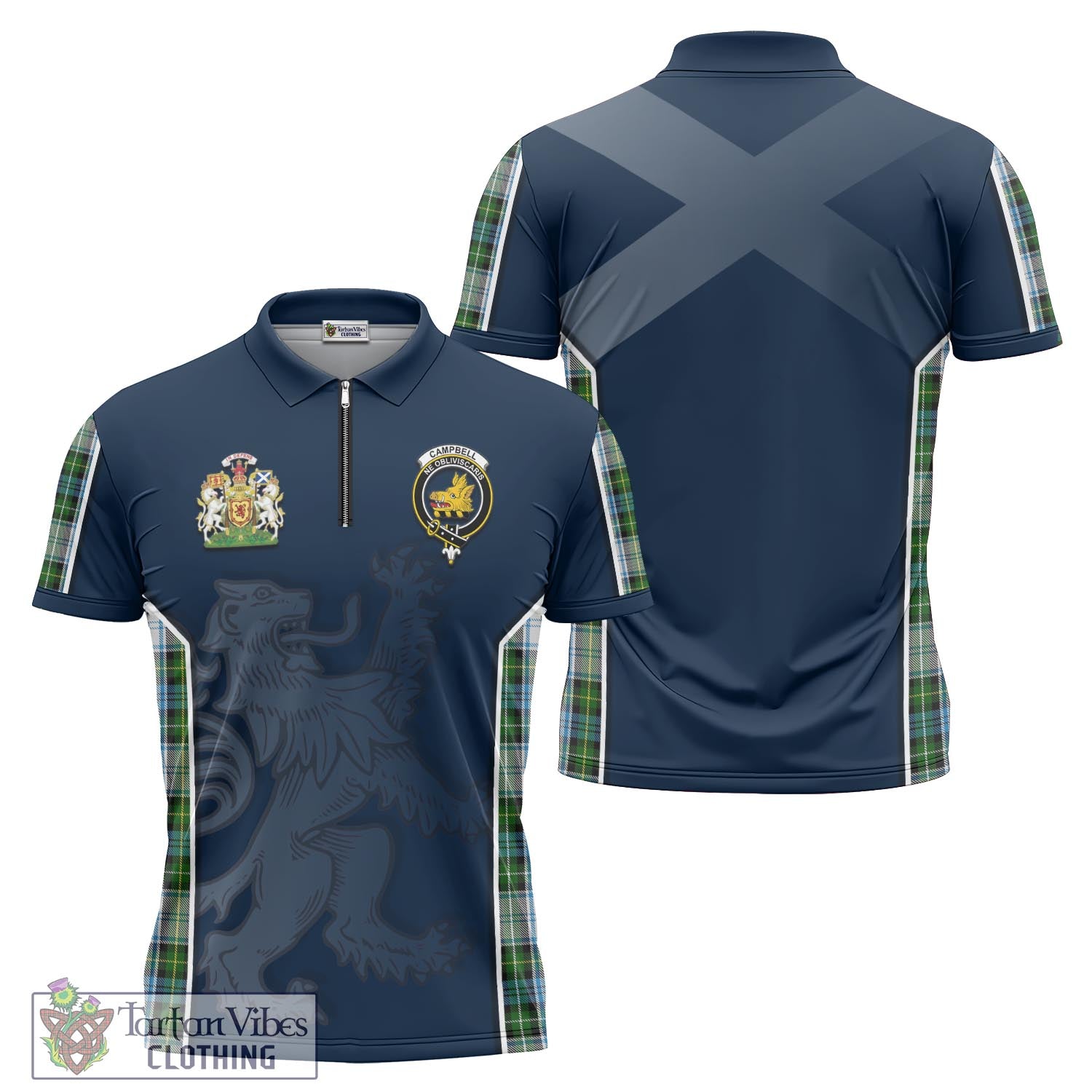 Tartan Vibes Clothing Campbell Dress Tartan Zipper Polo Shirt with Family Crest and Lion Rampant Vibes Sport Style