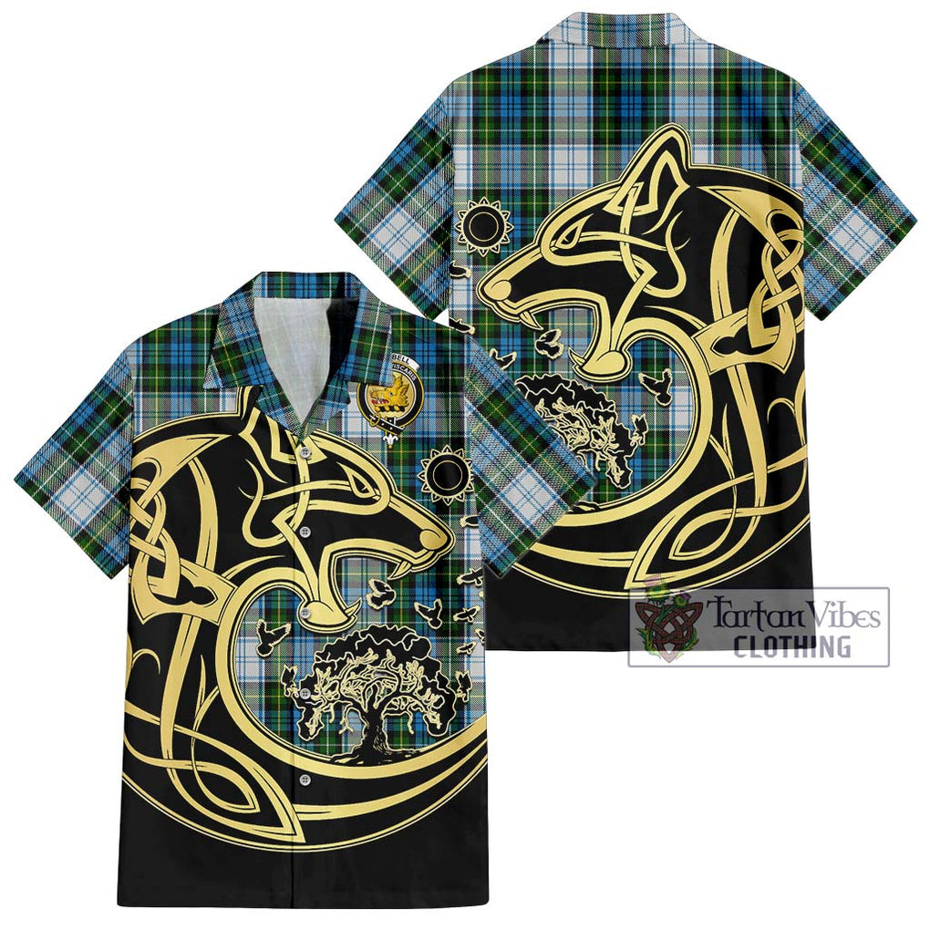 Campbell Dress Tartan Short Sleeve Button Shirt with Family Crest Celtic Wolf Style Kid - Tartan Vibes Clothing