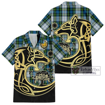 Campbell Dress Tartan Short Sleeve Button Shirt with Family Crest Celtic Wolf Style