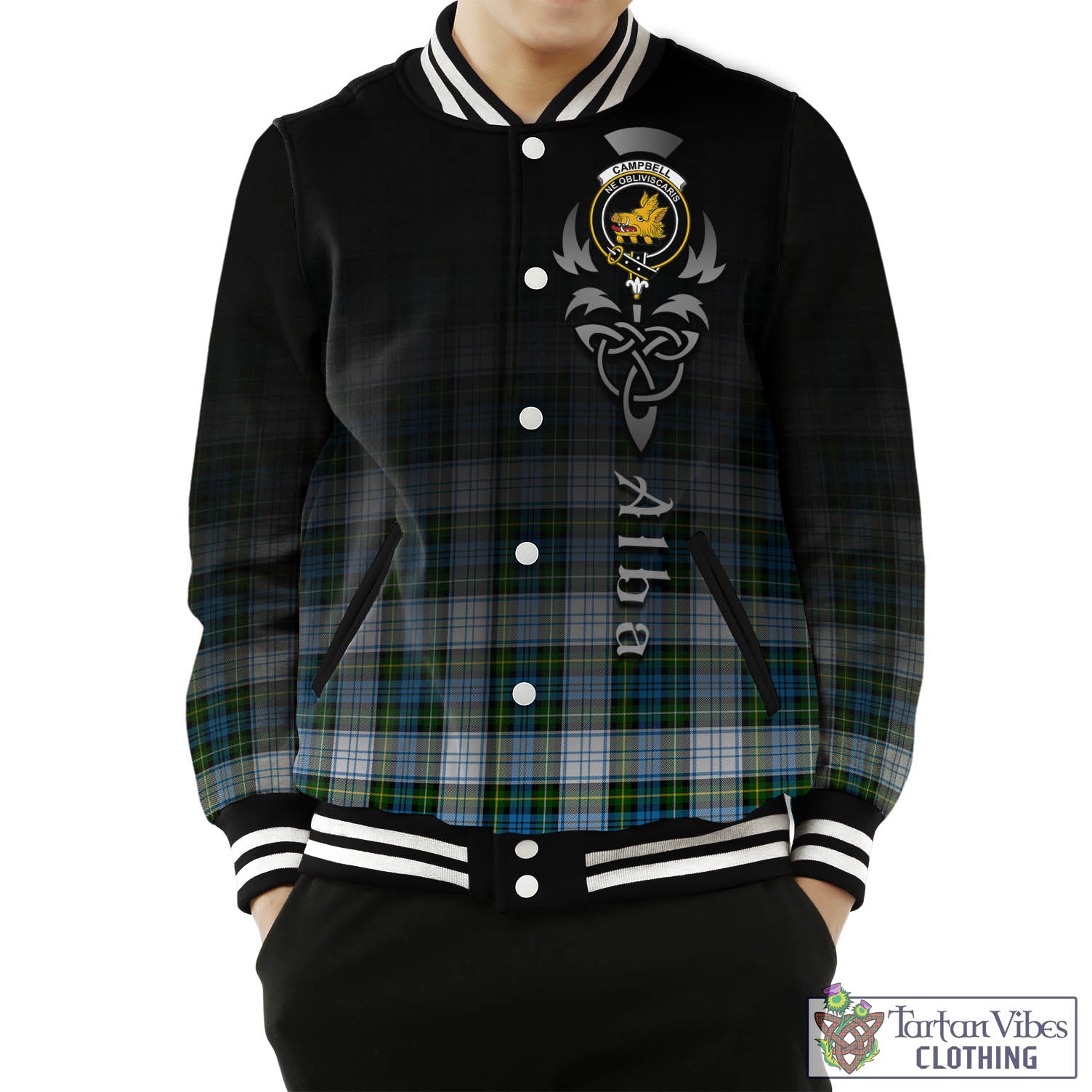 Tartan Vibes Clothing Campbell Dress Tartan Baseball Jacket Featuring Alba Gu Brath Family Crest Celtic Inspired