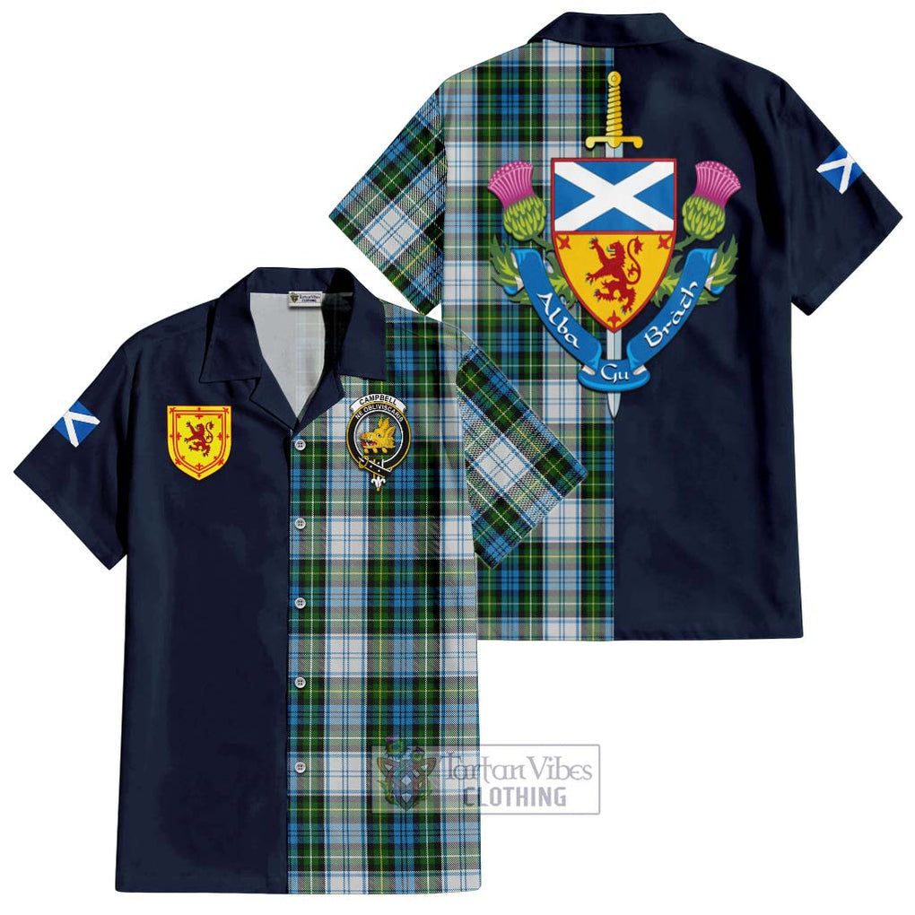 Tartan Vibes Clothing Campbell Dress Tartan Short Sleeve Button Shirt with Scottish Lion Royal Arm Half Style