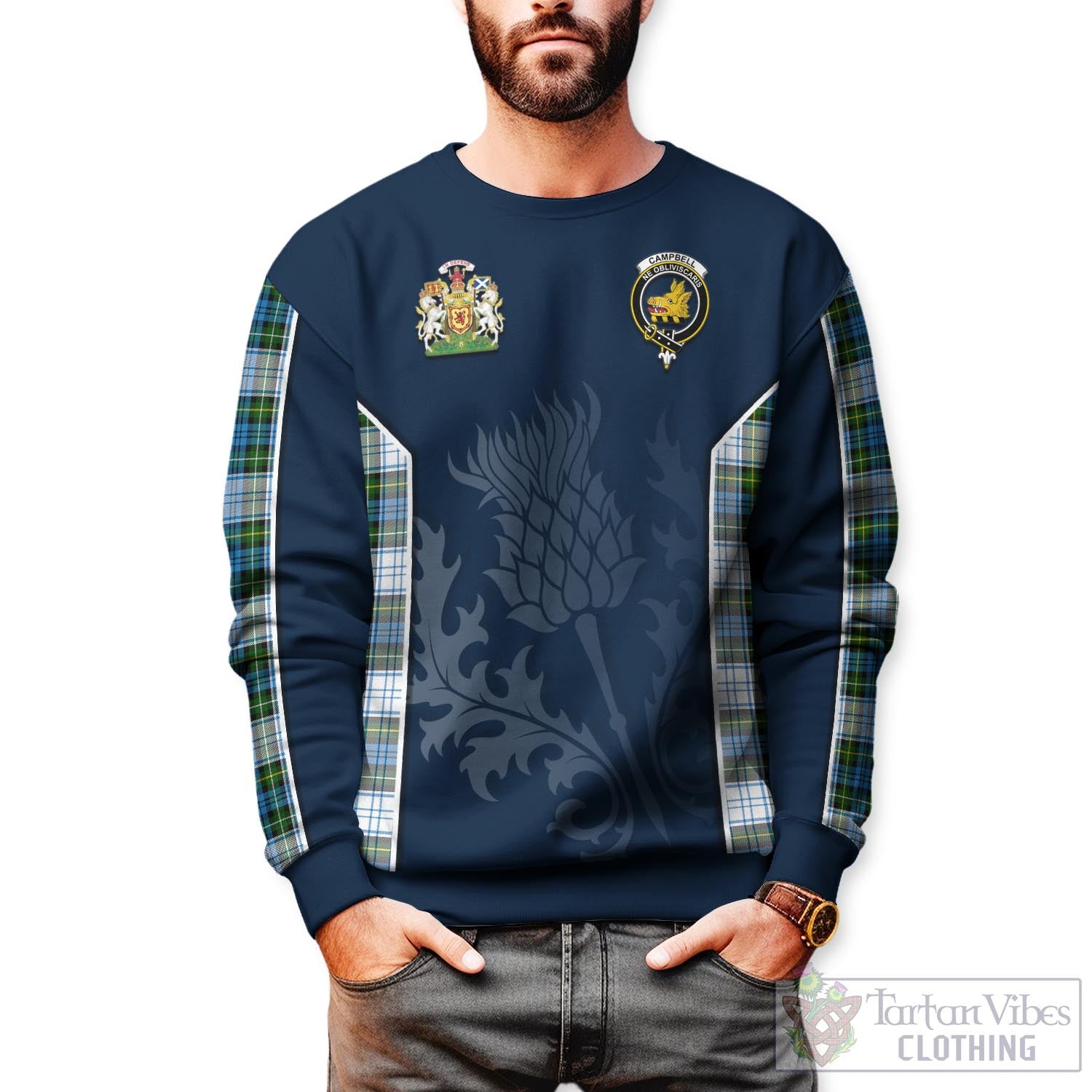 Tartan Vibes Clothing Campbell Dress Tartan Sweatshirt with Family Crest and Scottish Thistle Vibes Sport Style