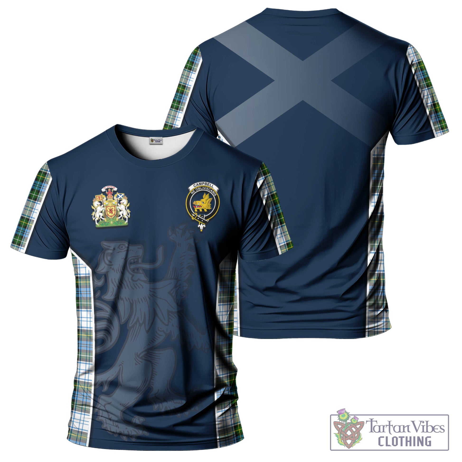 Tartan Vibes Clothing Campbell Dress Tartan T-Shirt with Family Crest and Lion Rampant Vibes Sport Style