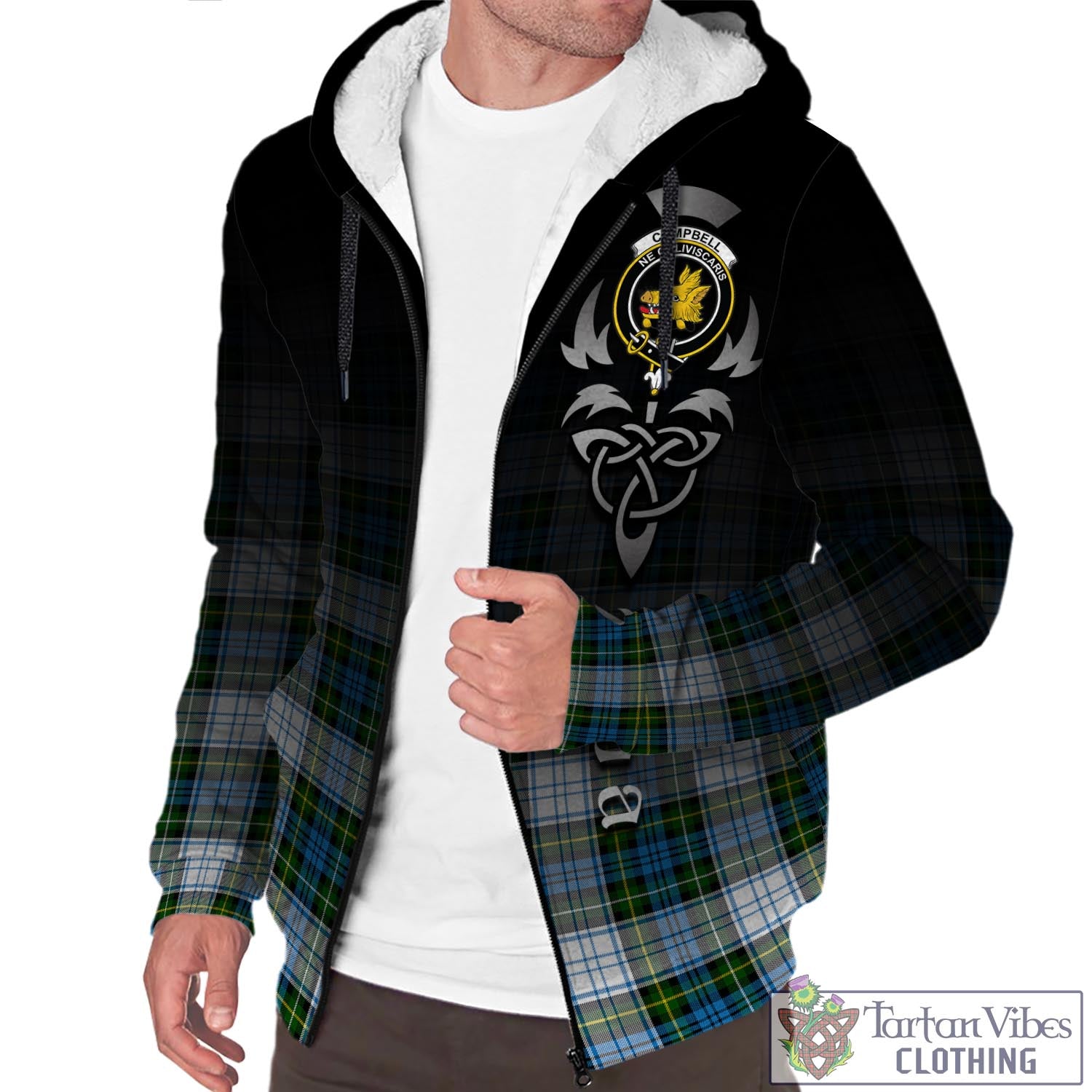 Tartan Vibes Clothing Campbell Dress Tartan Sherpa Hoodie Featuring Alba Gu Brath Family Crest Celtic Inspired