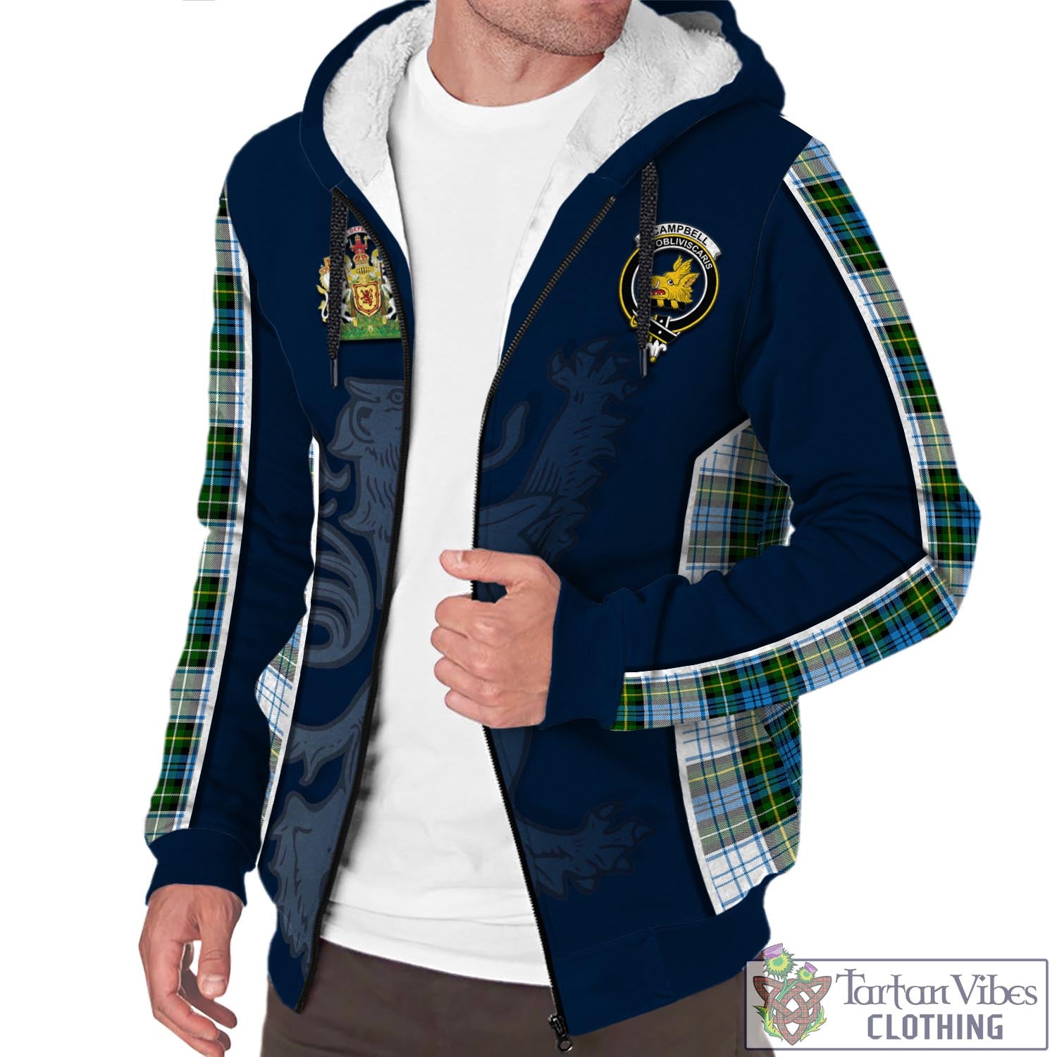 Tartan Vibes Clothing Campbell Dress Tartan Sherpa Hoodie with Family Crest and Lion Rampant Vibes Sport Style