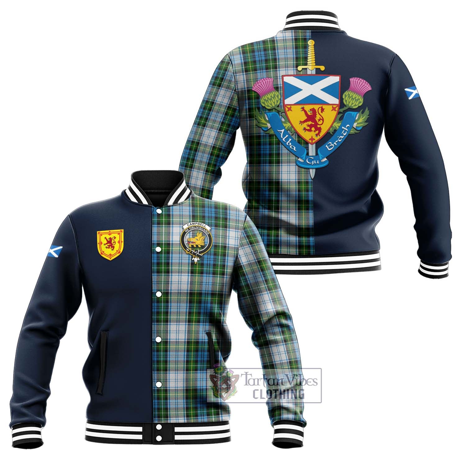 Tartan Vibes Clothing Campbell Dress Tartan Baseball Jacket with Scottish Lion Royal Arm Half Style