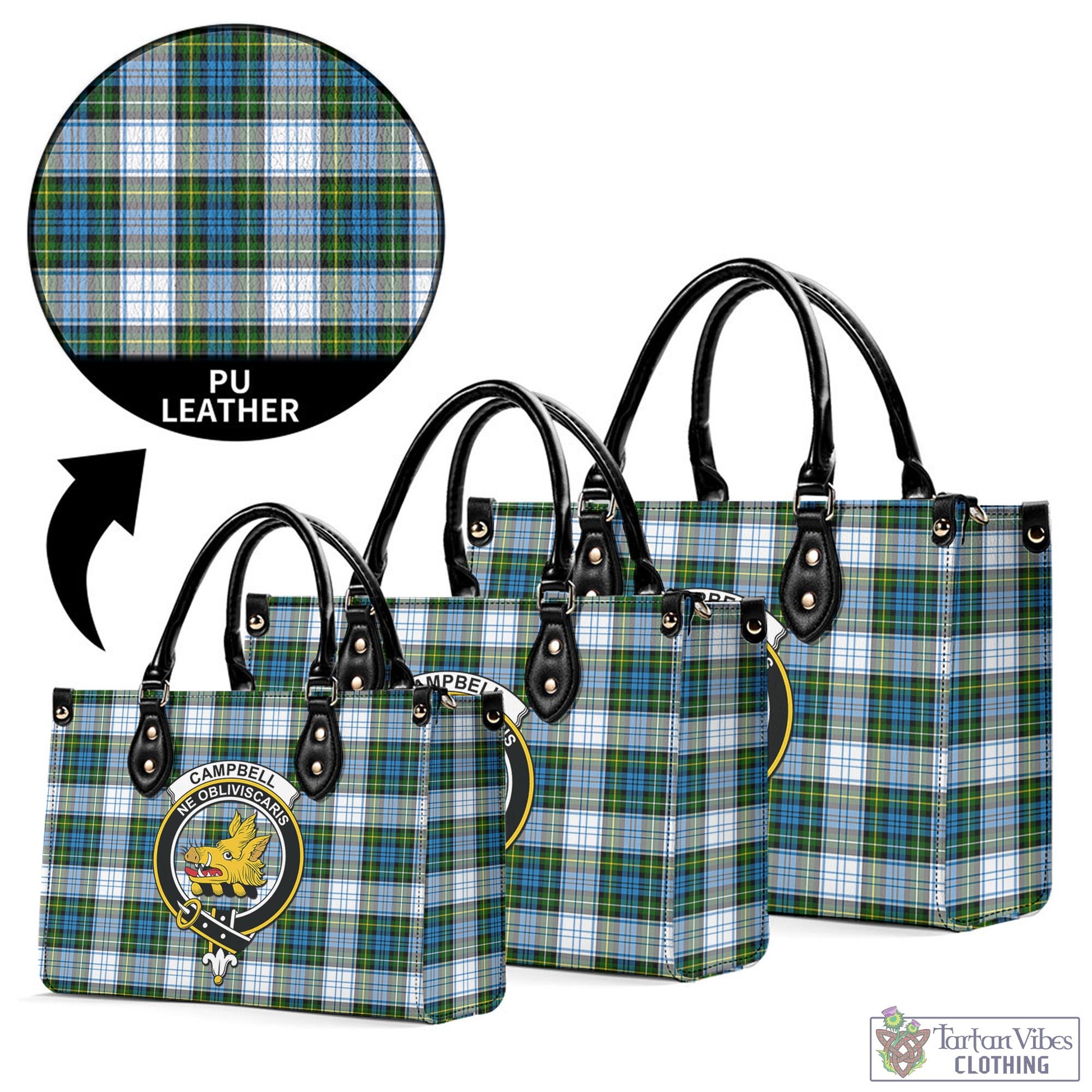 Tartan Vibes Clothing Campbell Dress Tartan Luxury Leather Handbags with Family Crest