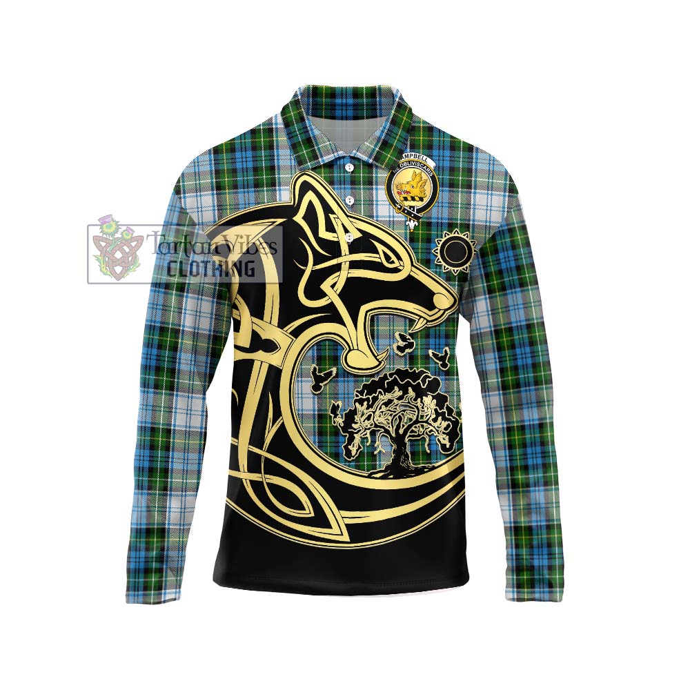 Tartan Vibes Clothing Campbell Dress Tartan Long Sleeve Polo Shirt with Family Crest Celtic Wolf Style