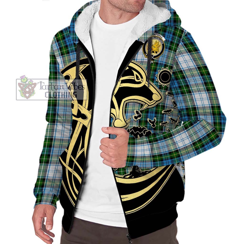 Tartan Vibes Clothing Campbell Dress Tartan Sherpa Hoodie with Family Crest Celtic Wolf Style