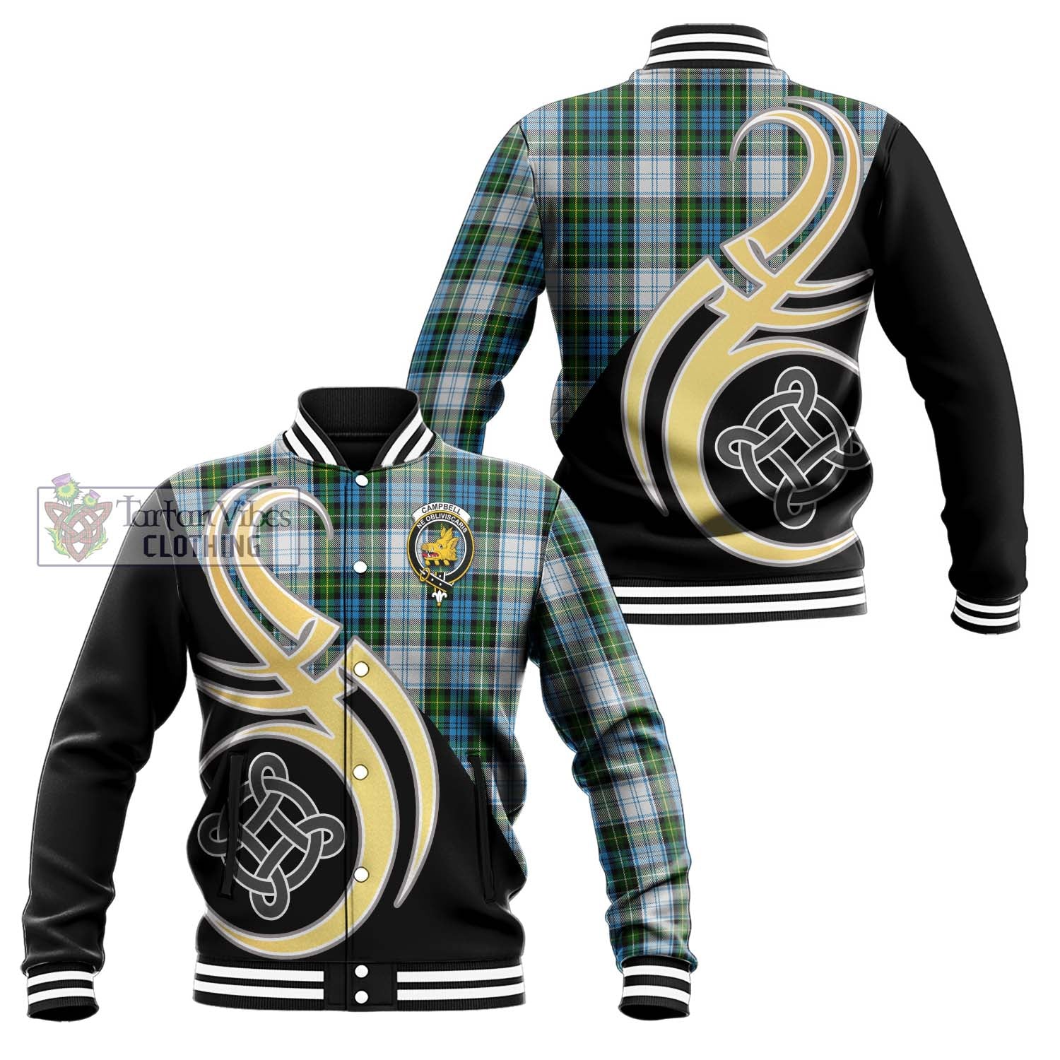 Campbell Dress Tartan Baseball Jacket with Family Crest and Celtic Symbol Style Unisex - Tartan Vibes Clothing