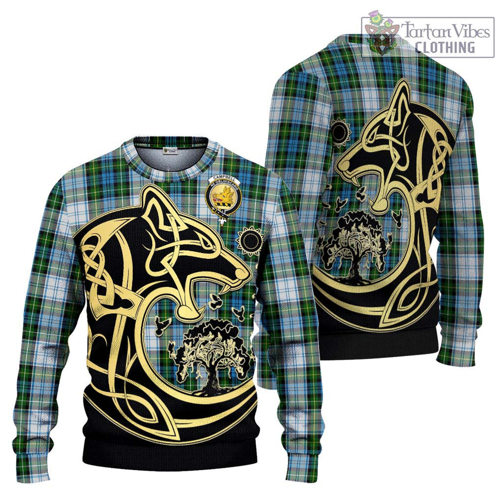 Campbell Dress Tartan Knitted Sweater with Family Crest Celtic Wolf Style Unisex - Tartan Vibes Clothing