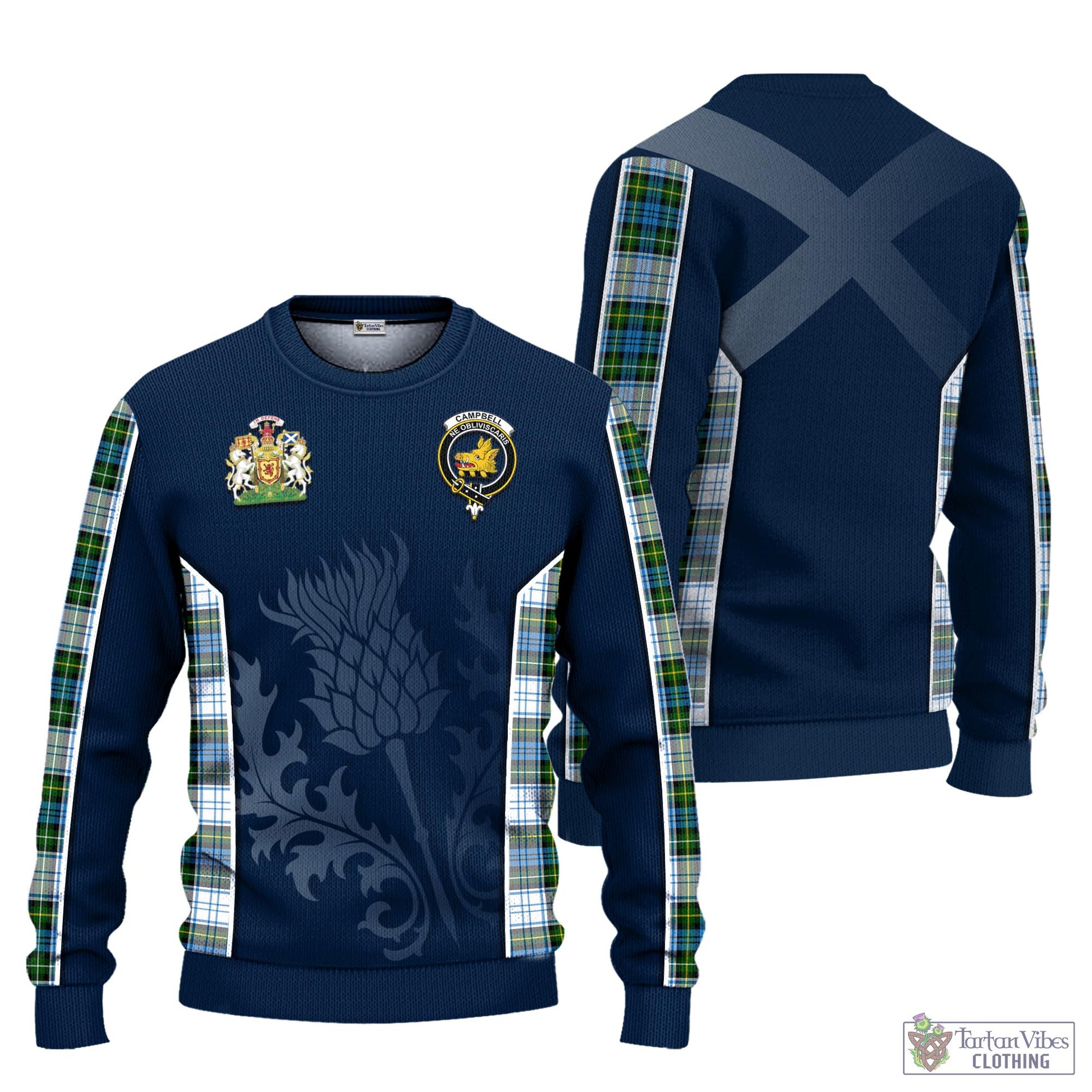 Tartan Vibes Clothing Campbell Dress Tartan Knitted Sweatshirt with Family Crest and Scottish Thistle Vibes Sport Style