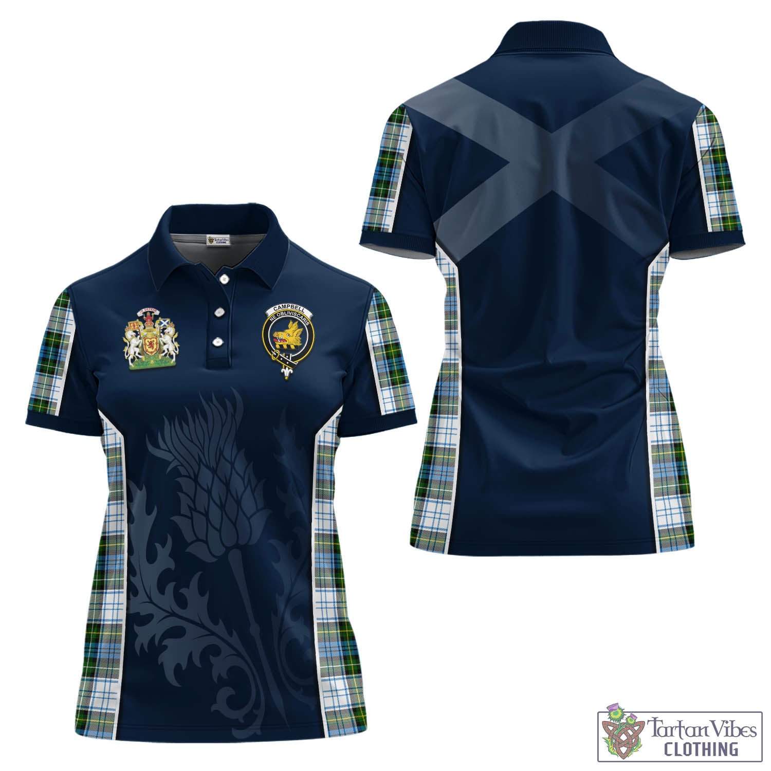 Tartan Vibes Clothing Campbell Dress Tartan Women's Polo Shirt with Family Crest and Scottish Thistle Vibes Sport Style