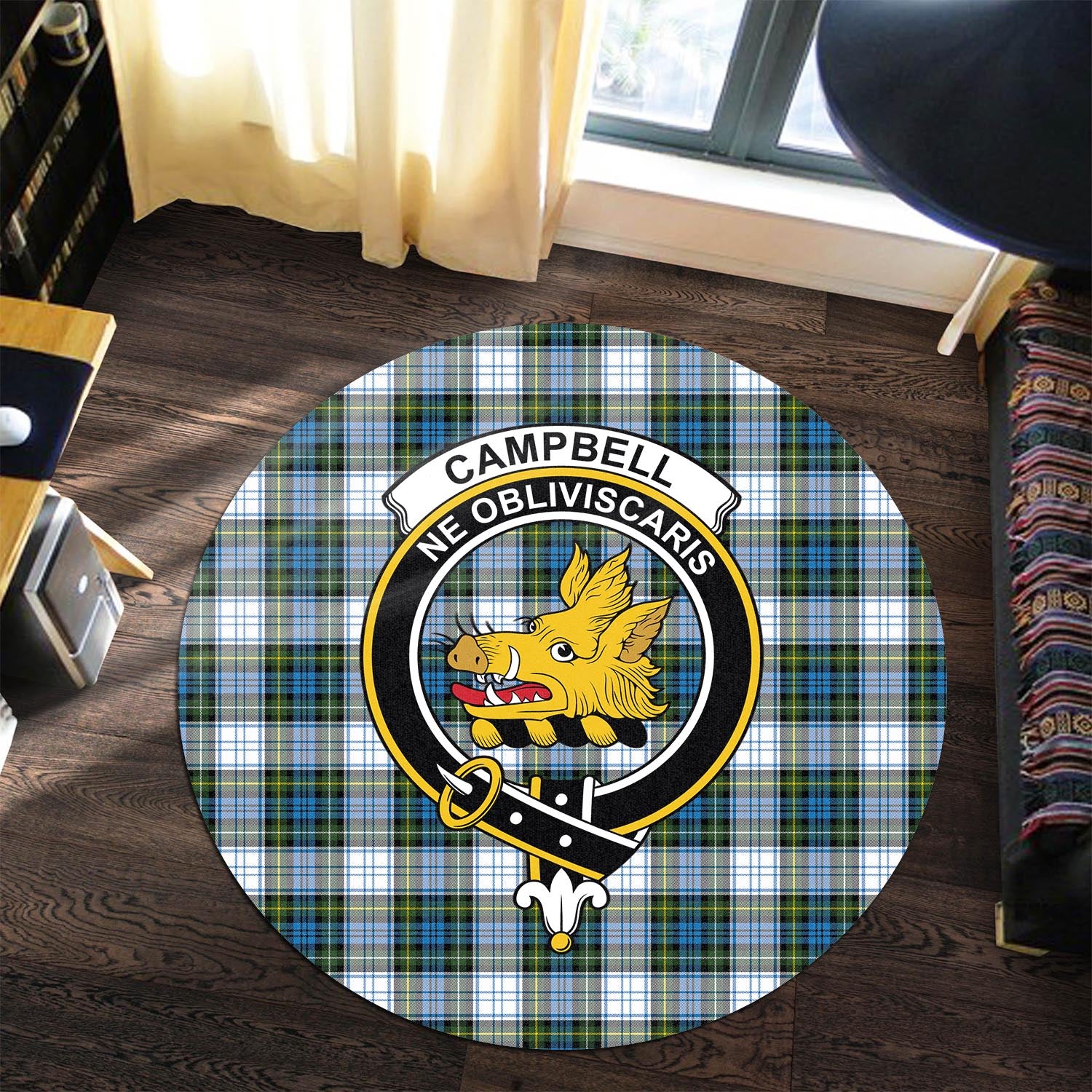 Campbell Dress Tartan Round Rug with Family Crest - Tartanvibesclothing
