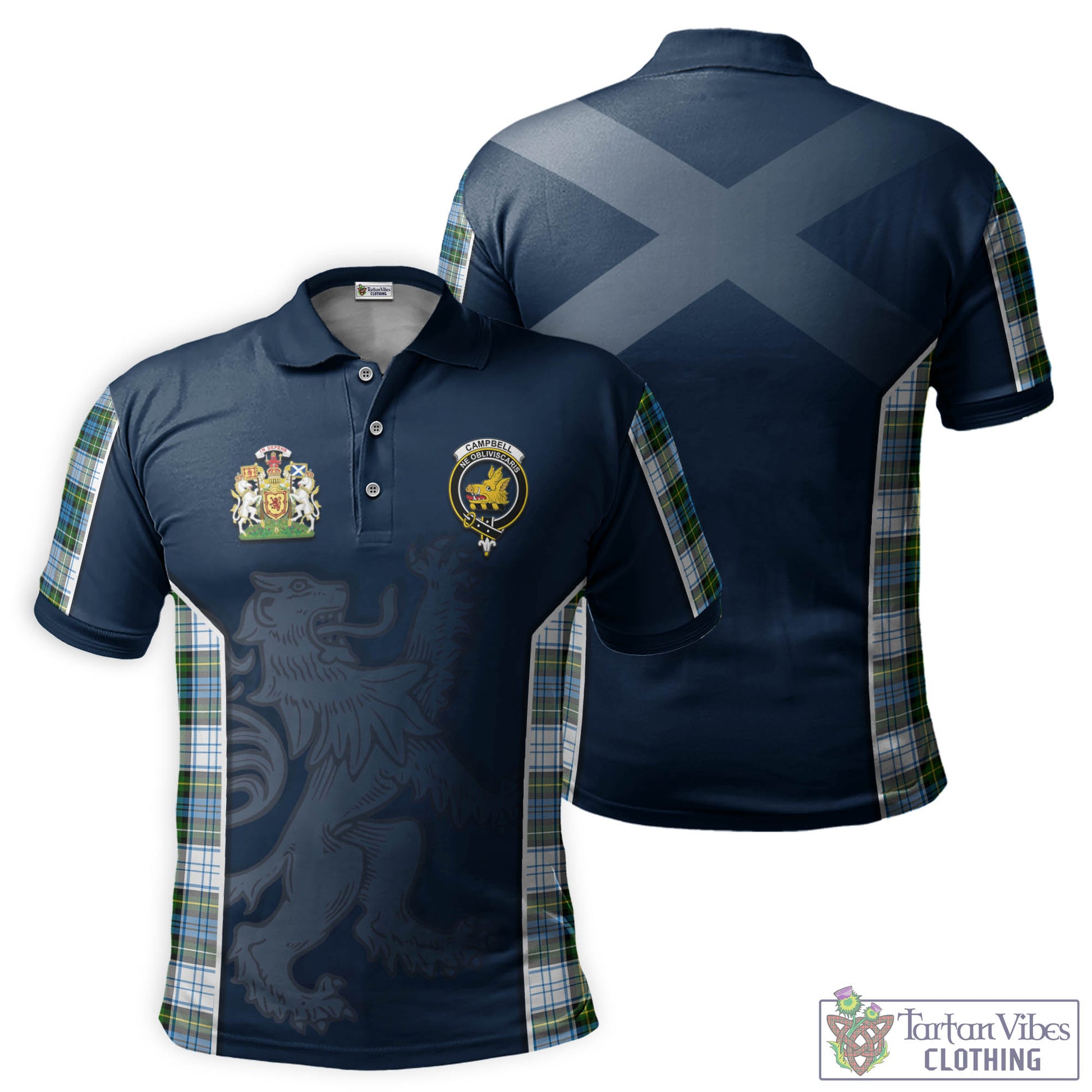 Tartan Vibes Clothing Campbell Dress Tartan Men's Polo Shirt with Family Crest and Lion Rampant Vibes Sport Style