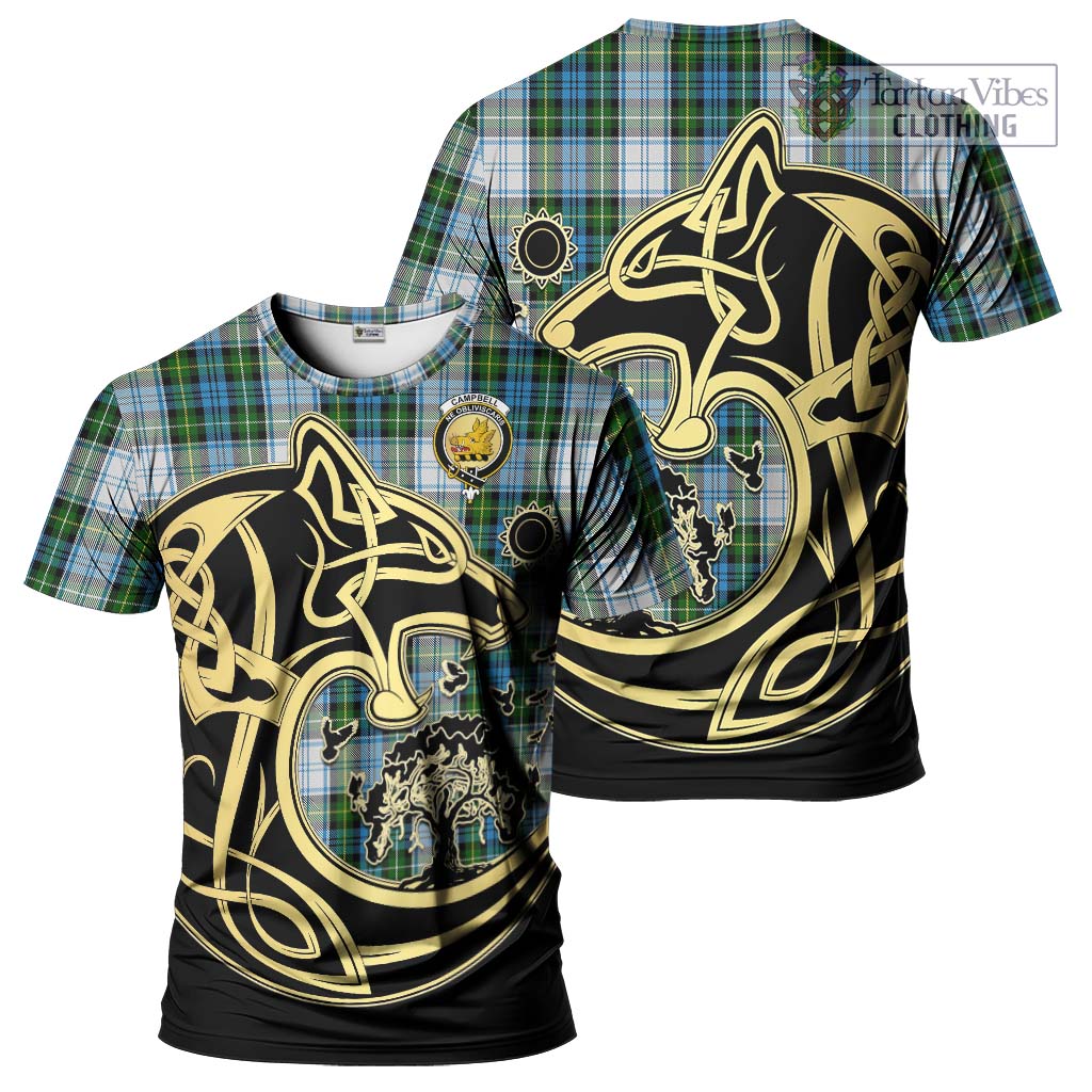 Tartan Vibes Clothing Campbell Dress Tartan T-Shirt with Family Crest Celtic Wolf Style