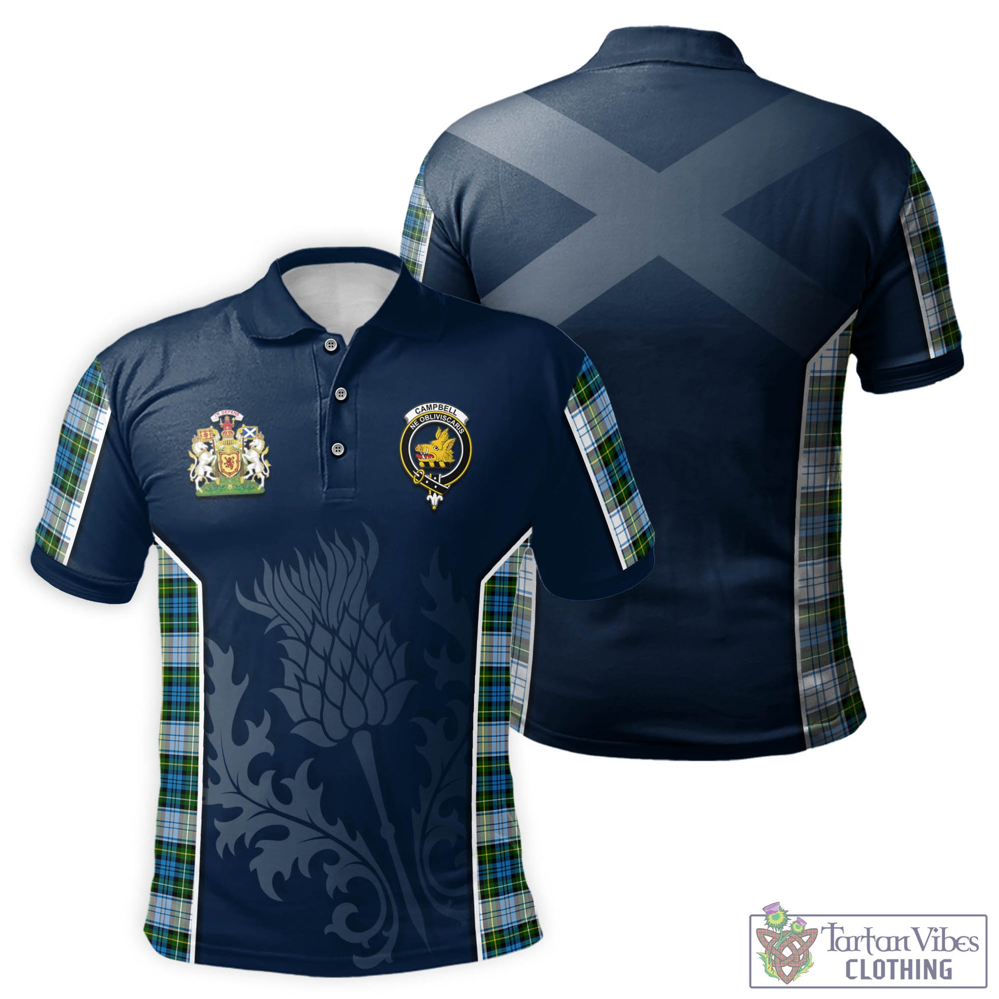 Tartan Vibes Clothing Campbell Dress Tartan Men's Polo Shirt with Family Crest and Scottish Thistle Vibes Sport Style