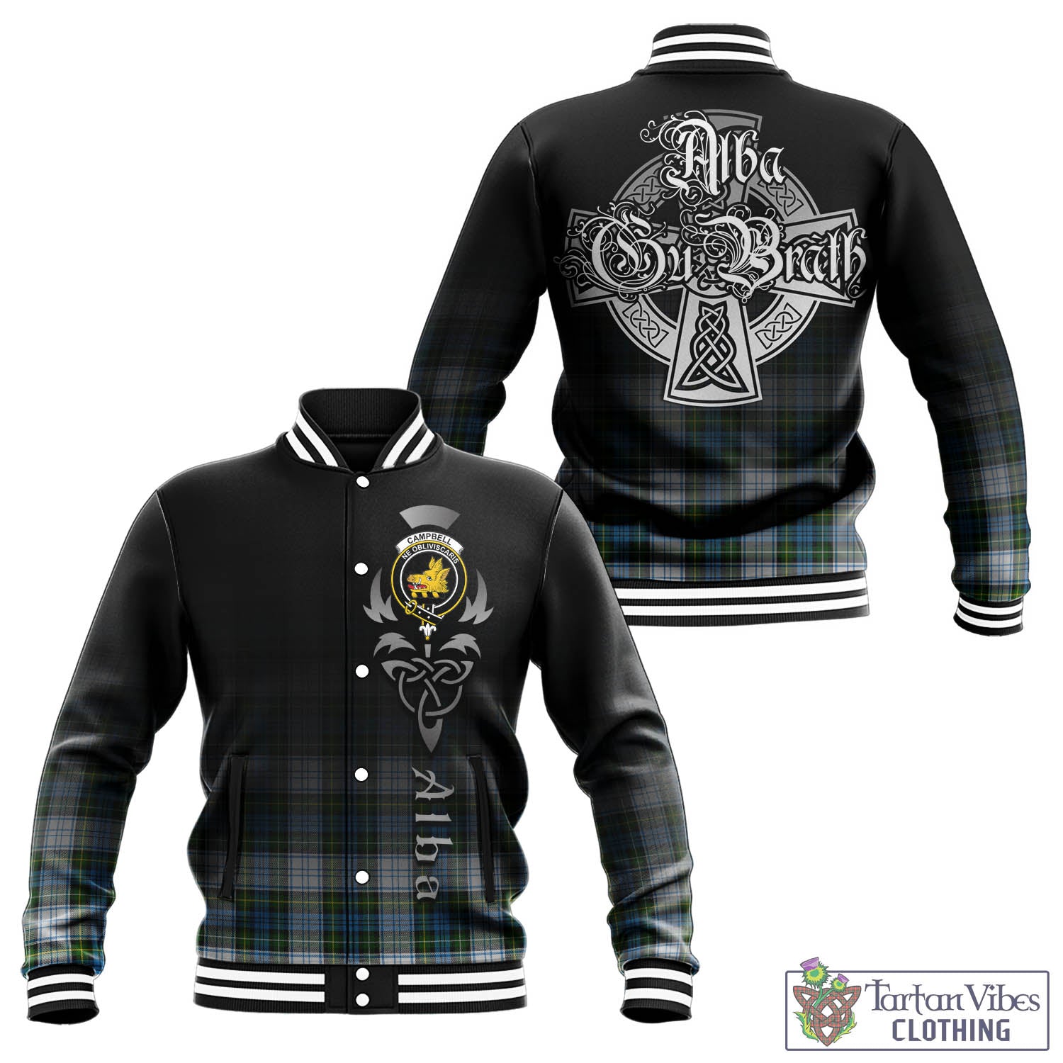 Tartan Vibes Clothing Campbell Dress Tartan Baseball Jacket Featuring Alba Gu Brath Family Crest Celtic Inspired