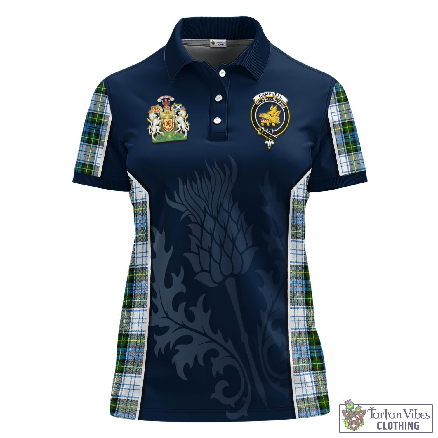 Tartan Vibes Clothing Campbell Dress Tartan Women's Polo Shirt with Family Crest and Scottish Thistle Vibes Sport Style