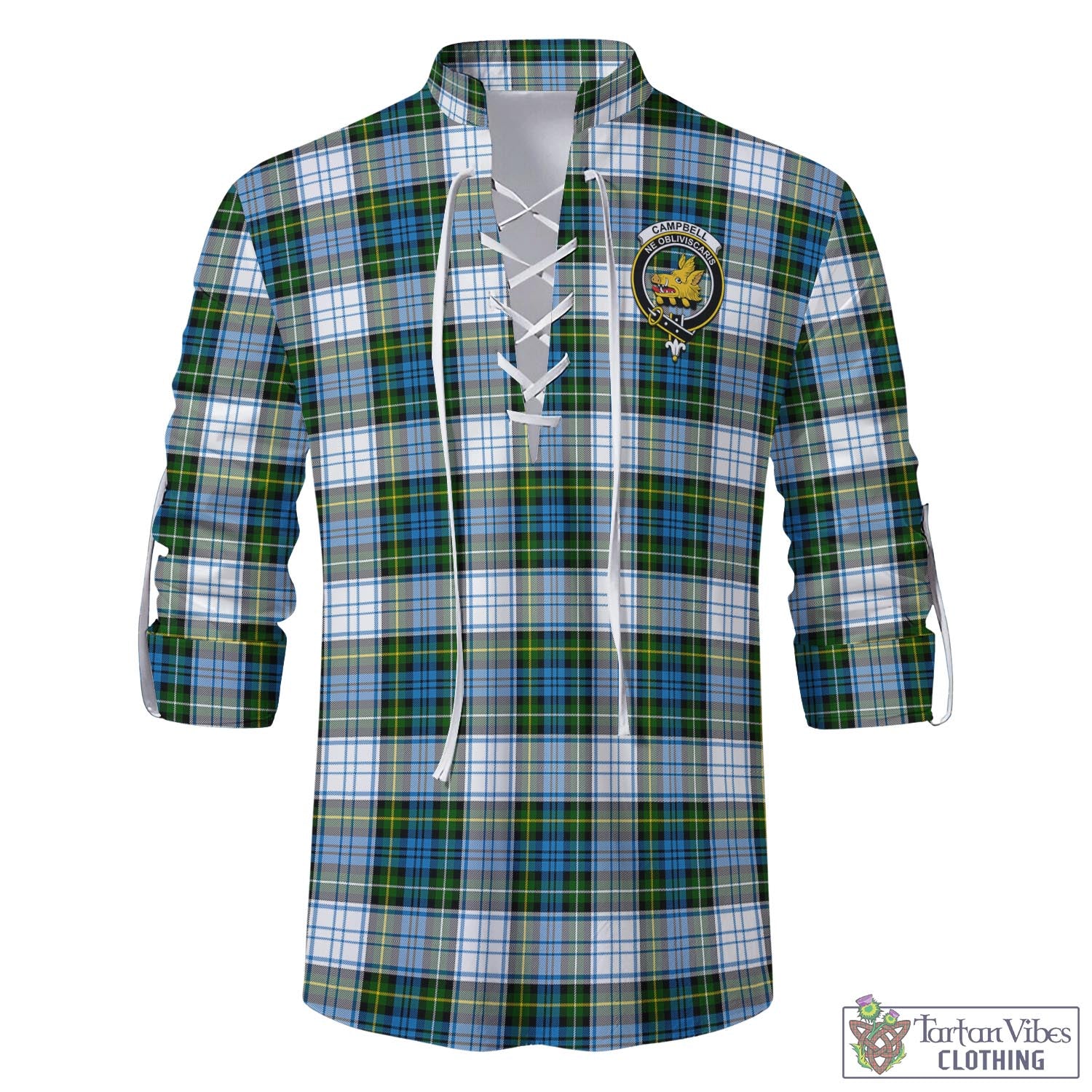 Tartan Vibes Clothing Campbell Dress Tartan Men's Scottish Traditional Jacobite Ghillie Kilt Shirt with Family Crest