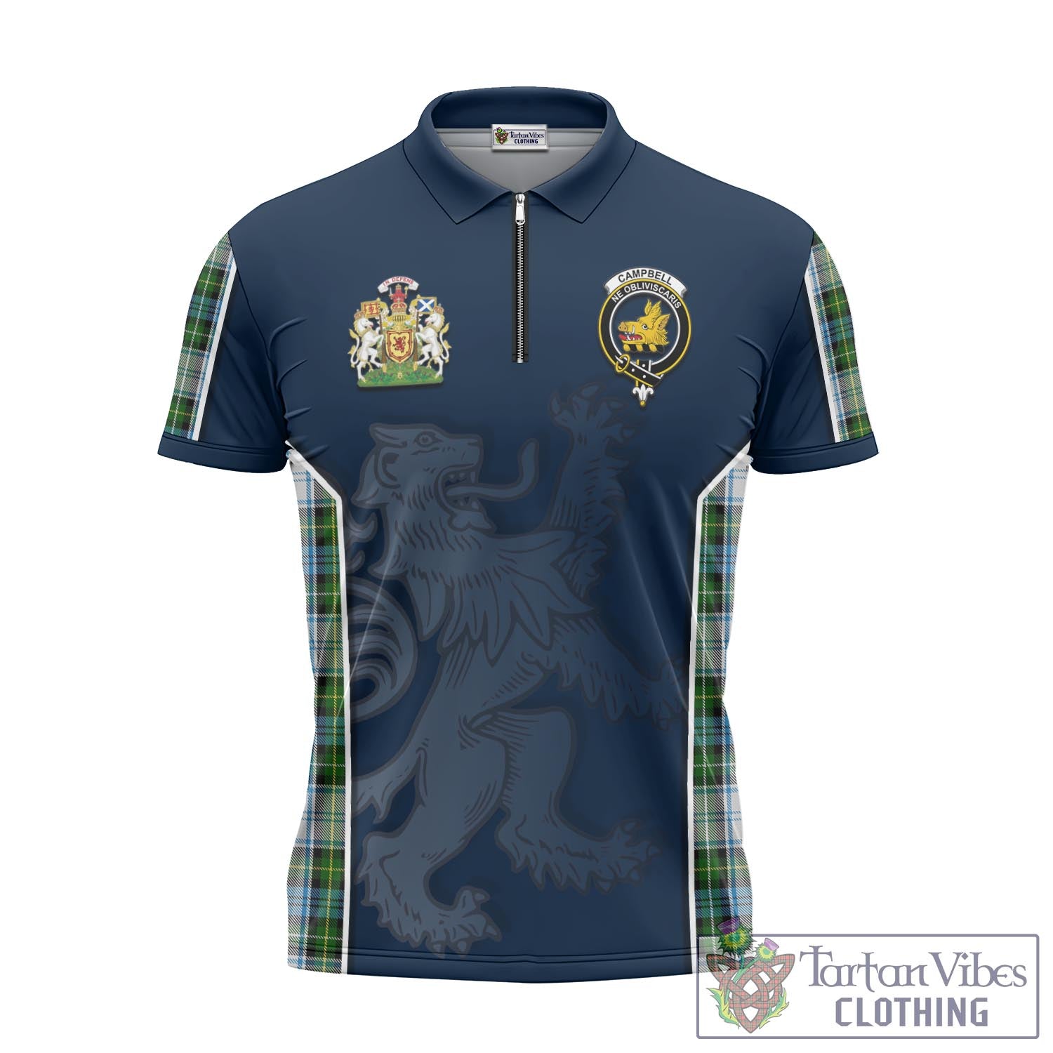 Tartan Vibes Clothing Campbell Dress Tartan Zipper Polo Shirt with Family Crest and Lion Rampant Vibes Sport Style