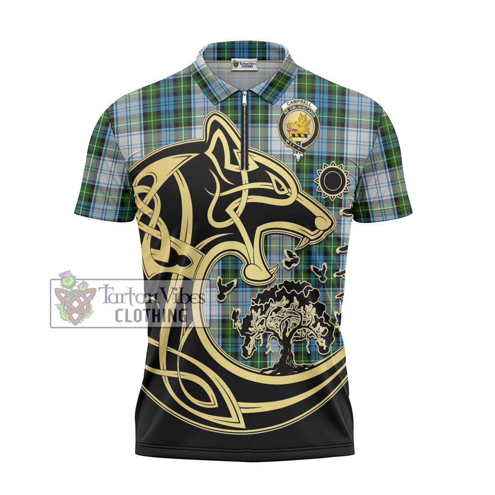 Campbell Dress Tartan Zipper Polo Shirt with Family Crest Celtic Wolf Style - Tartanvibesclothing Shop